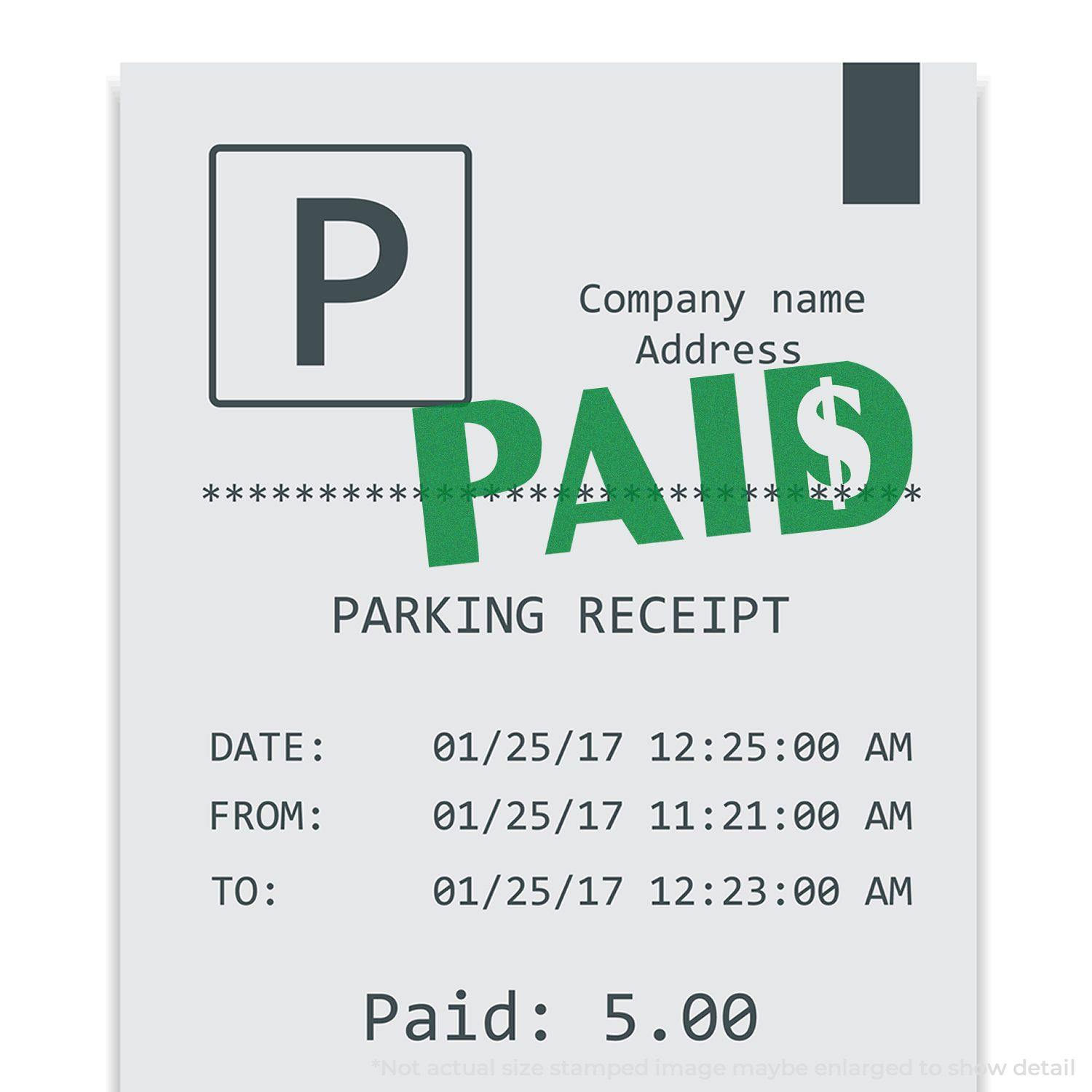 A stock office rubber stamp with a stamped image showing how the text "PAID" in bold font with a dollar sign inside the alphabet "D" is displayed after stamping.