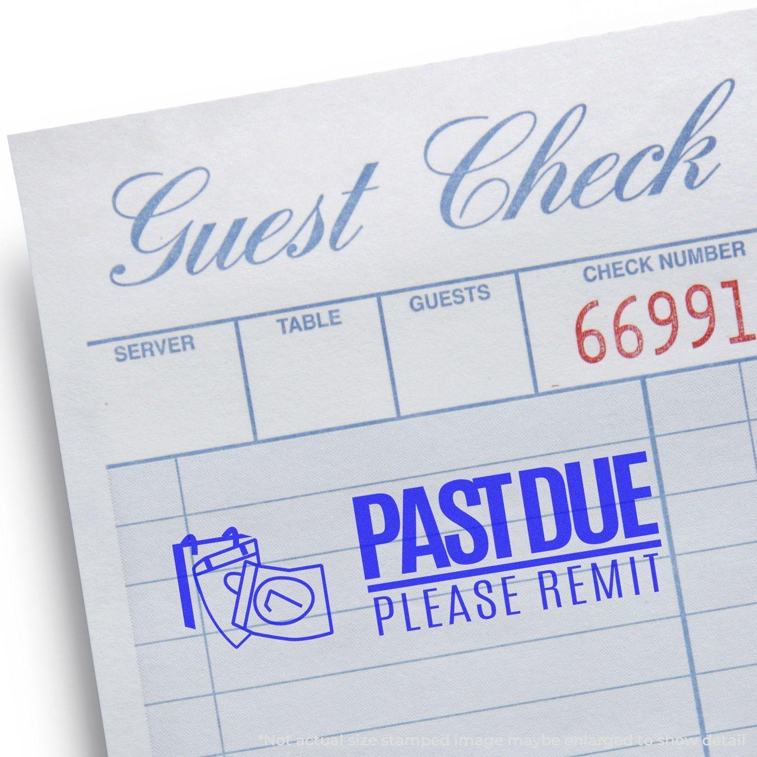 A stock office rubber stamp with a stamped image showing how the text "PAST DUE PLEASE REMIT" with a calendar icon on the left side is displayed after stamping.