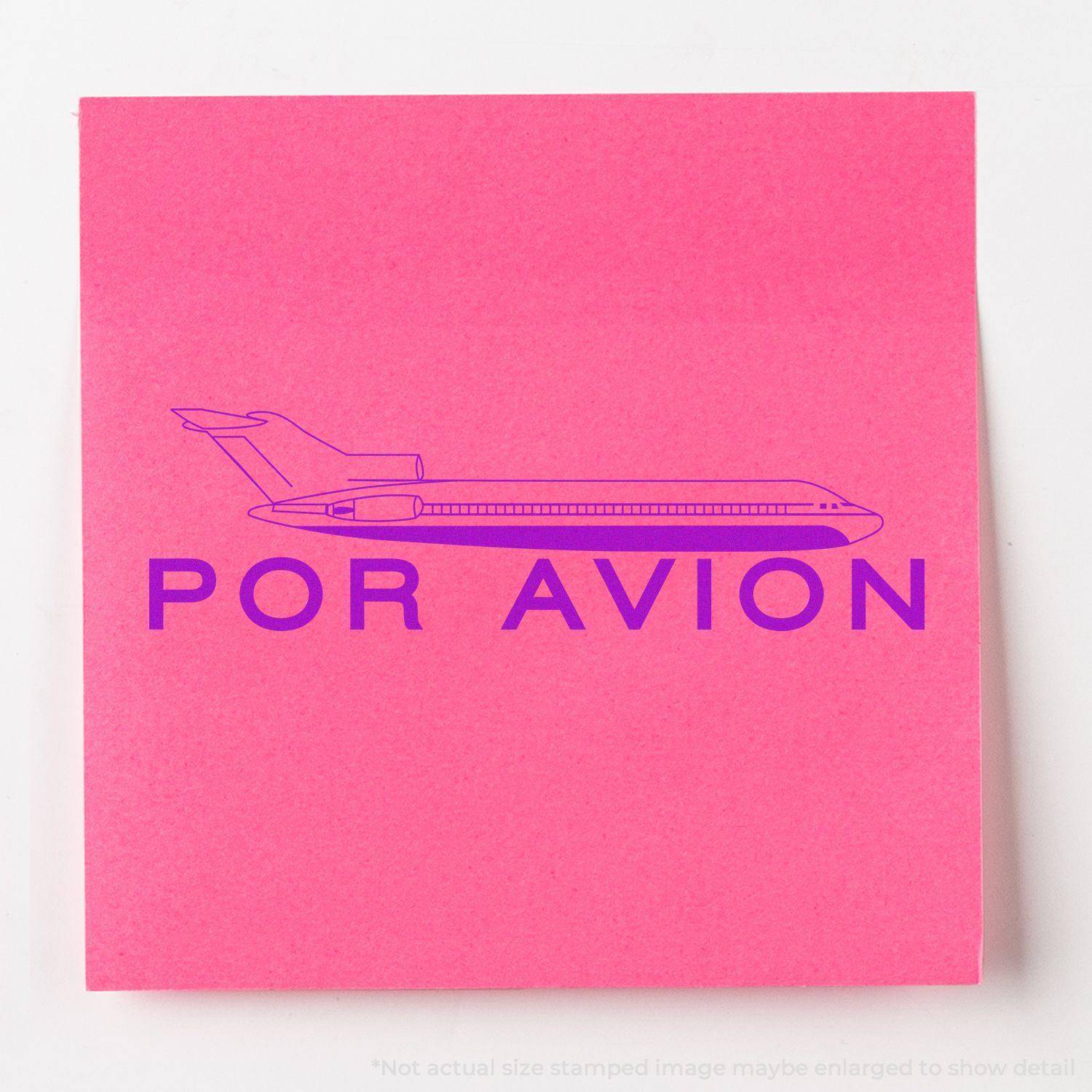 Pink paper with a purple airplane and POR AVION stamped using the Large Pre-Inked Por Avion Stamp.