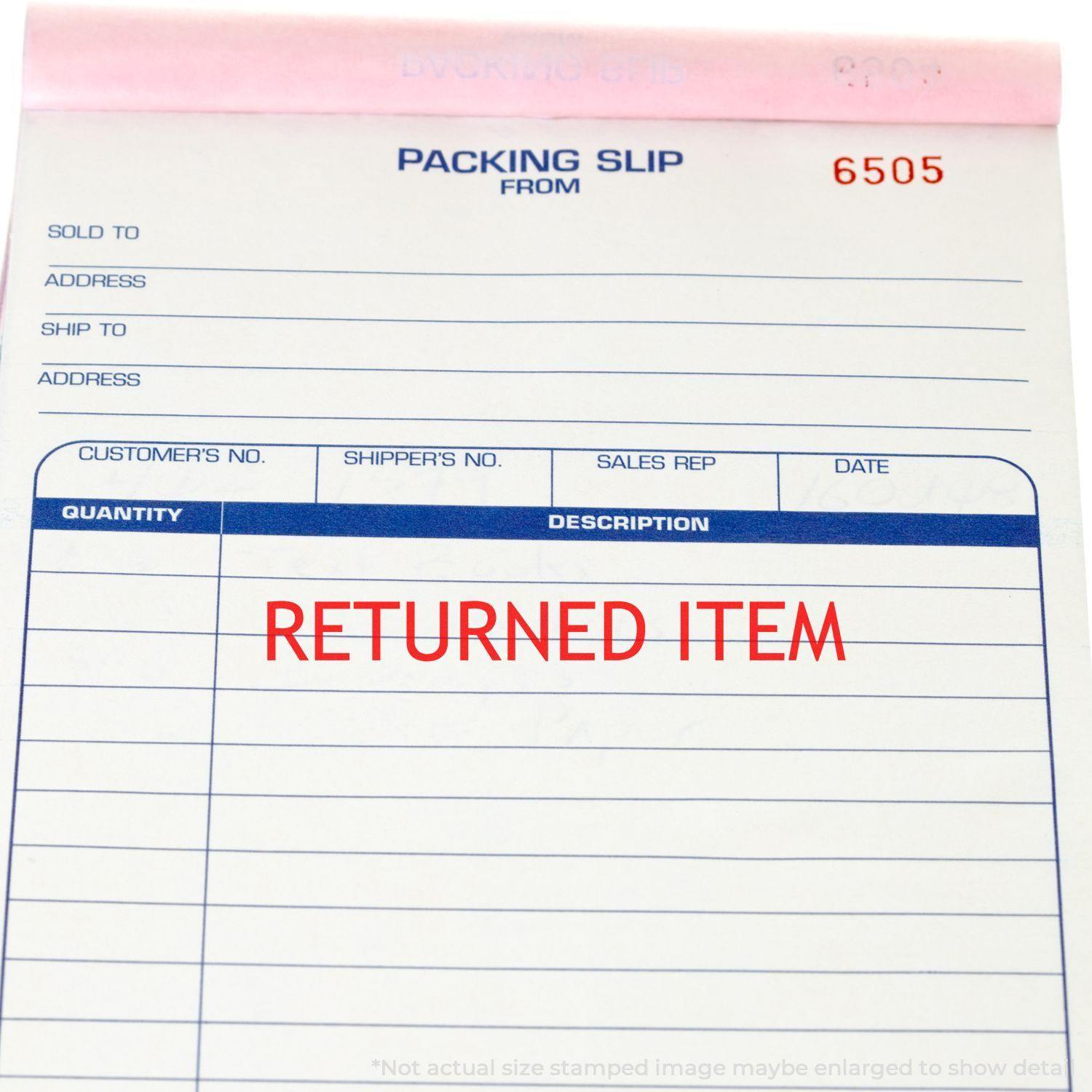 Packing slip with a red Returned Item rubber stamp in the description section, indicating the item has been returned.
