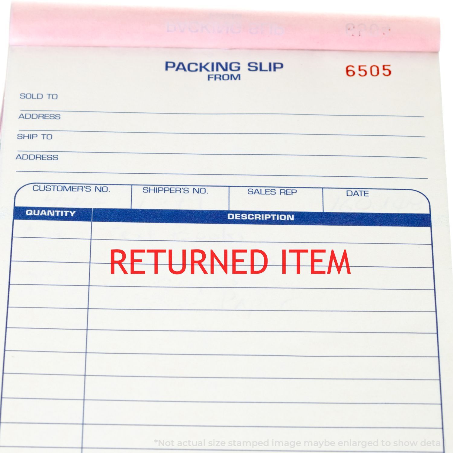 Packing slip with RETURNED ITEM stamped in red using the Self Inking Returned Item Stamp.
