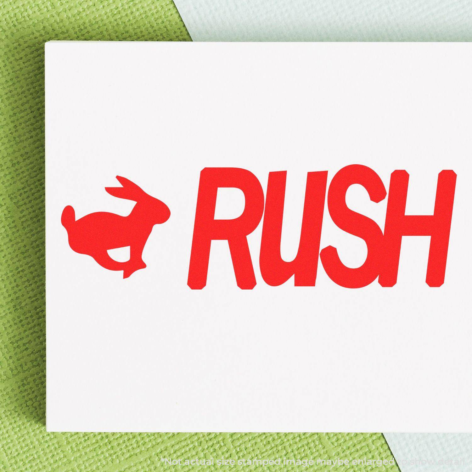 Large Rush with Rabbit Rubber Stamp in red ink on white paper, featuring a rabbit silhouette next to the word RUSH in bold letters.