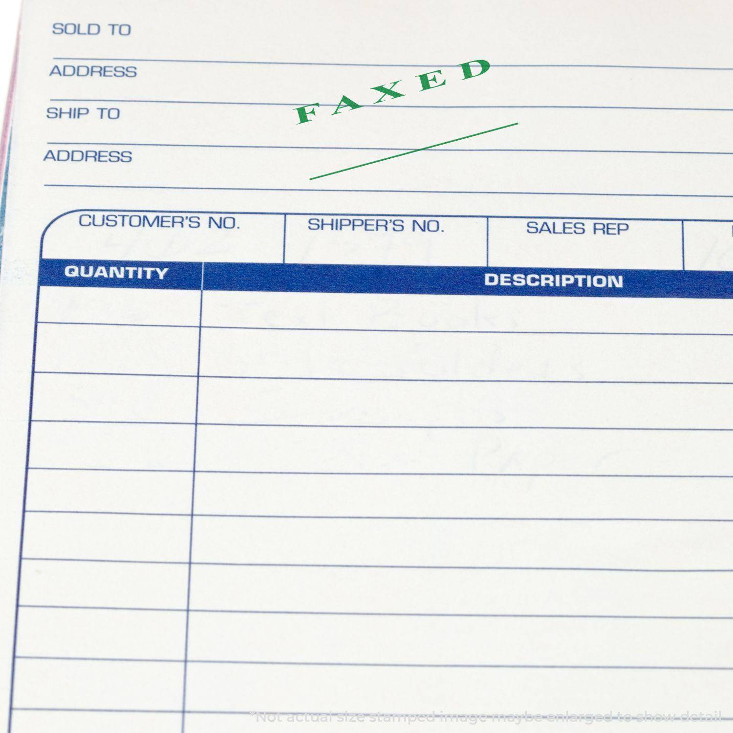 Large Pre-Inked Faxed Stamp Two Lines in green ink stamped on a document with columns for customer number, shipper's number, and sales rep.