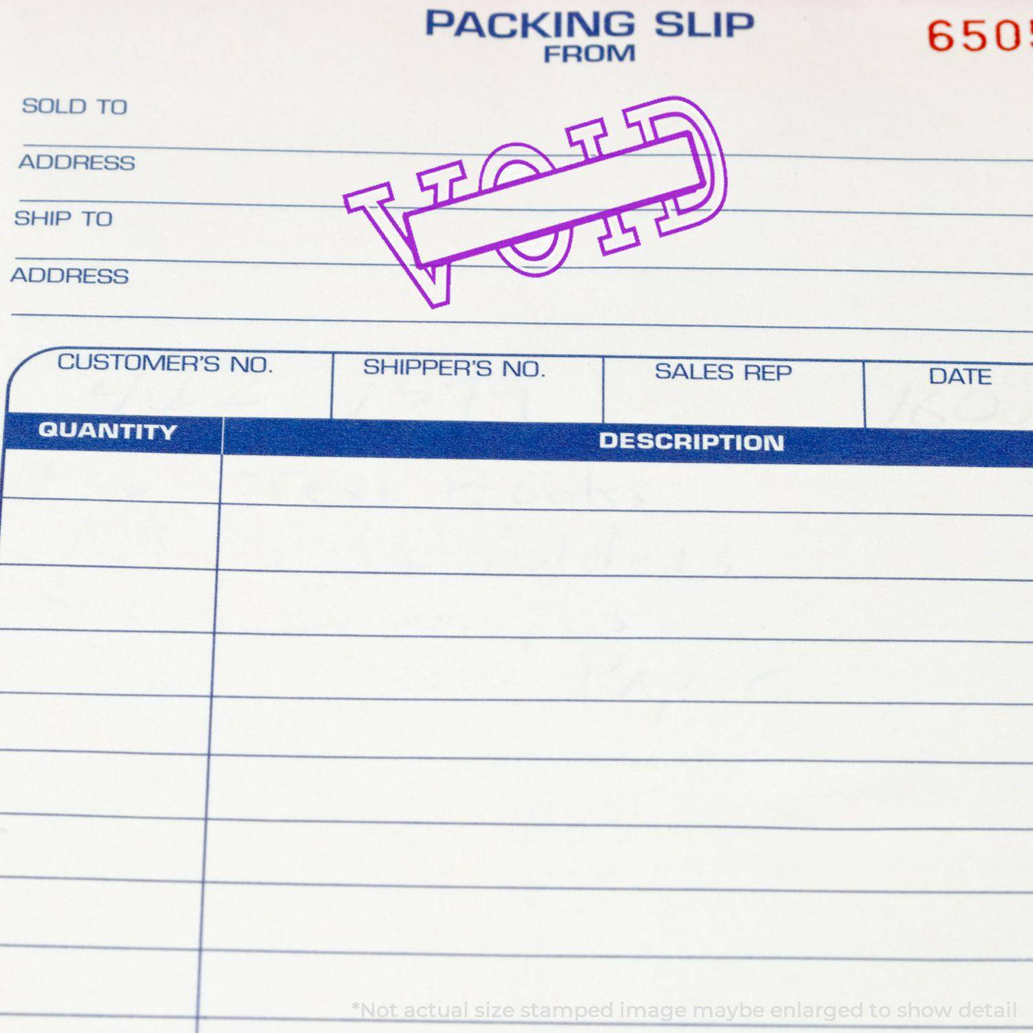 Packing slip stamped with VOID using the Large Pre-Inked Void with Box Stamp in purple ink.