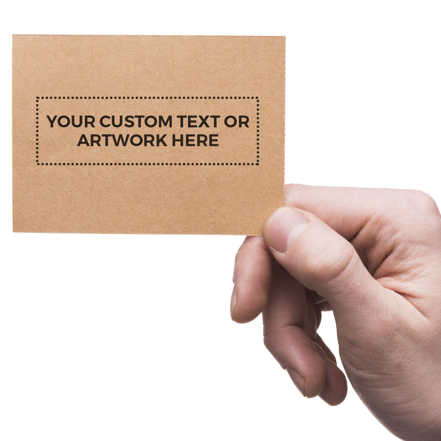 Hand holding a card stamped with YOUR CUSTOM TEXT OR ARTWORK HERE using the Super Slim 1442 Customized Pre-Inked Stamp 1/2 x 1-5/8.