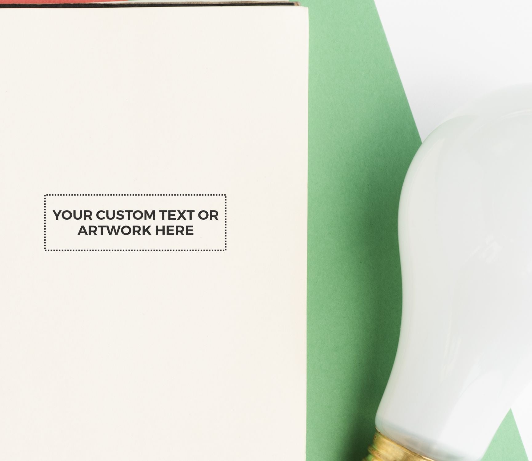 Super Slim 2054 Customized Pre-Inked Stamp 3/4 x 2 on a white paper with green background and a light bulb beside it.