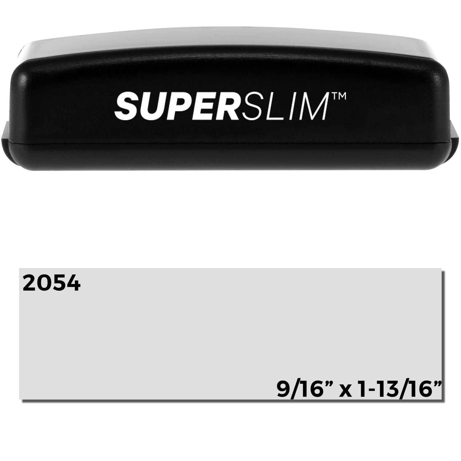 Super Slim 2054 Customized Pre-Inked Stamp 3/4 x 2 in black with white text, showing stamp dimensions and product branding.