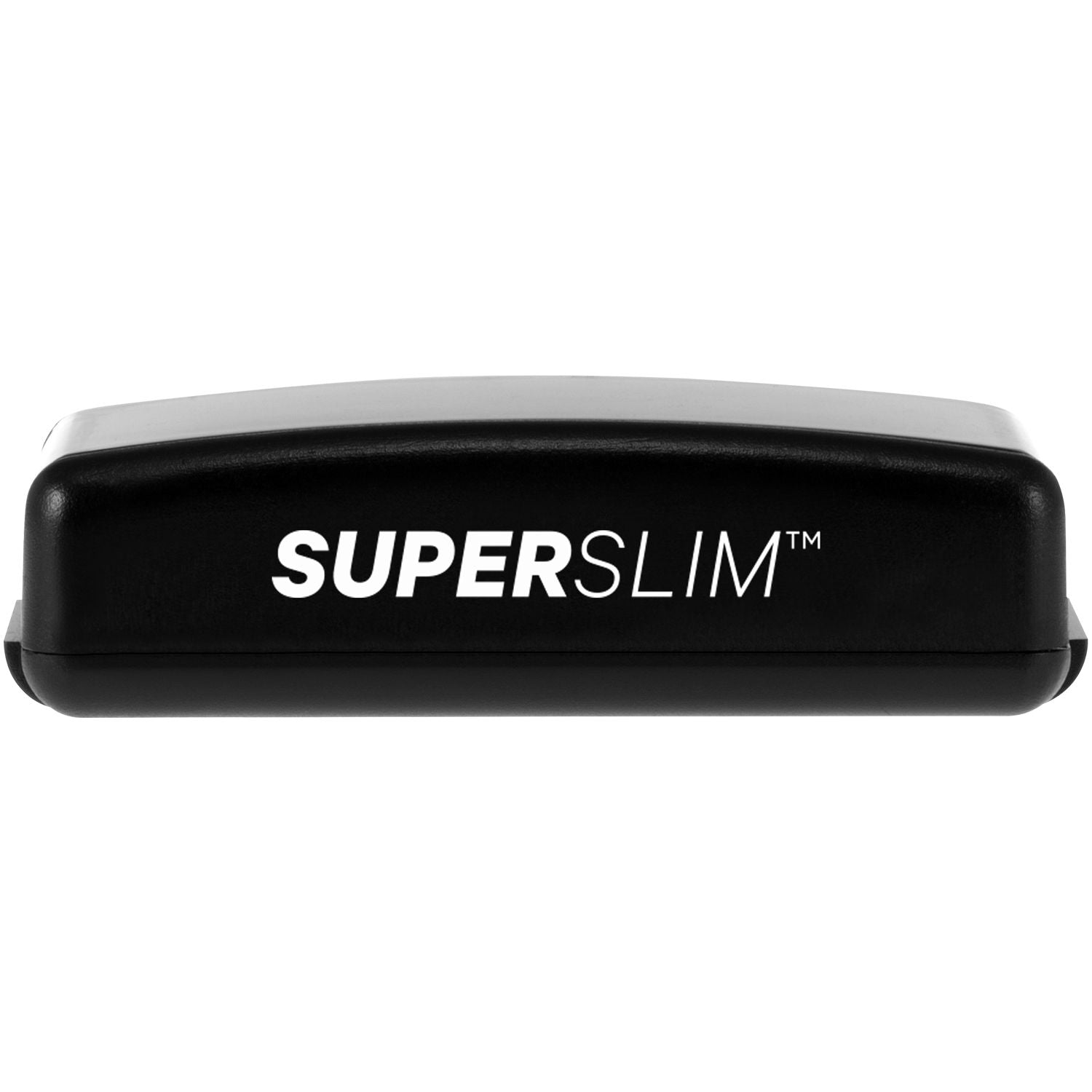 Super Slim 1442 Customized Pre-Inked Stamp 1/2 x 1-5/8, black rectangular stamp with white text on top, isolated on white background.