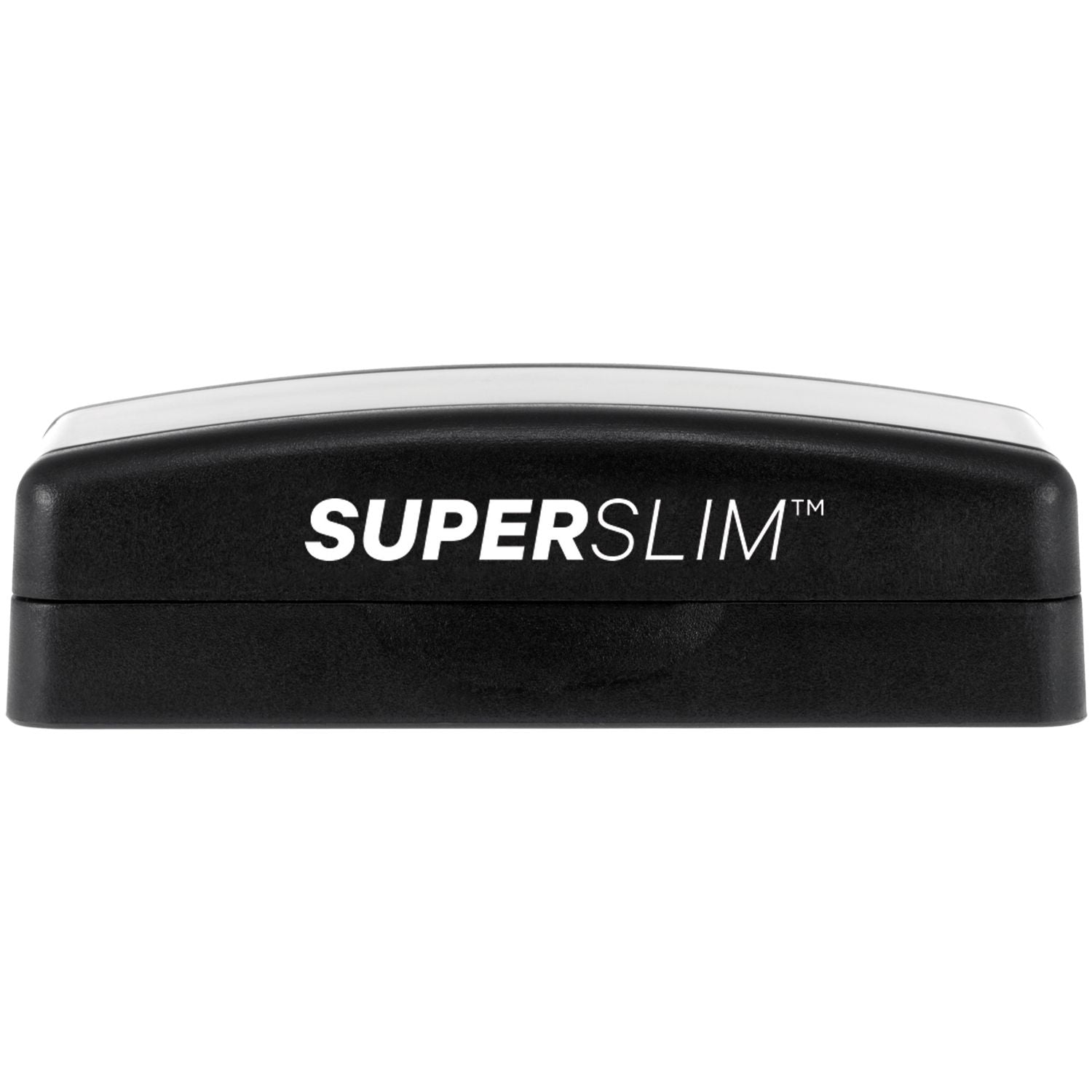 Super Slim 2054 Customized Pre-Inked Stamp 3/4 x 2, black rectangular stamp with white text SUPERSLIM on the side, isolated on white background.