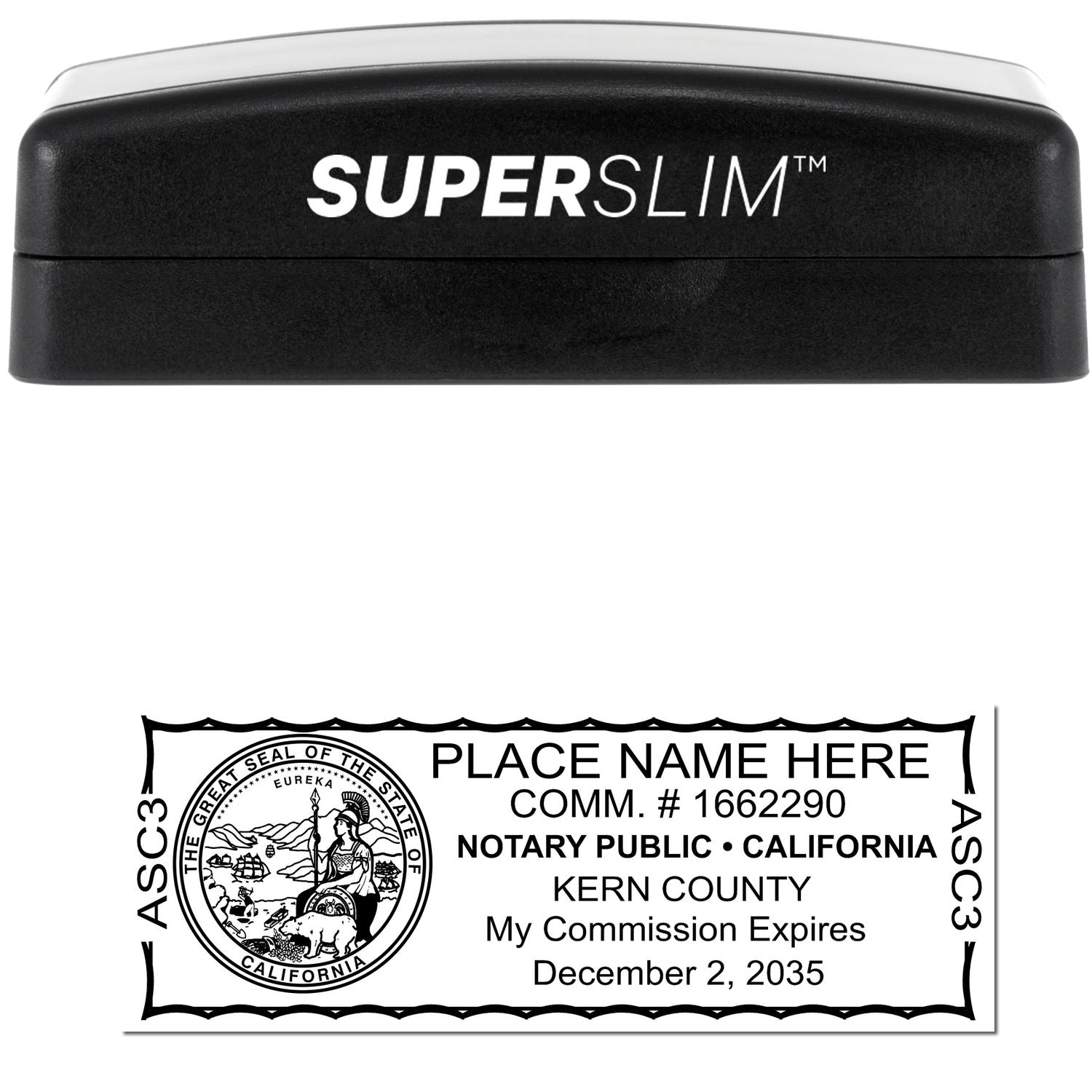 The main image for the Super Slim California Notary Public Stamp depicting a sample of the imprint and electronic files