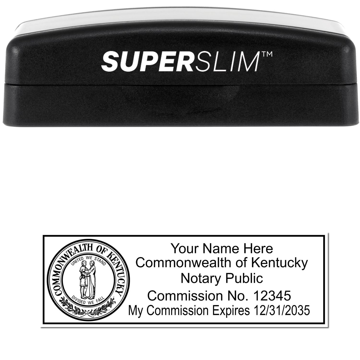 The main image for the Super Slim Kentucky Notary Public Stamp depicting a sample of the imprint and electronic files