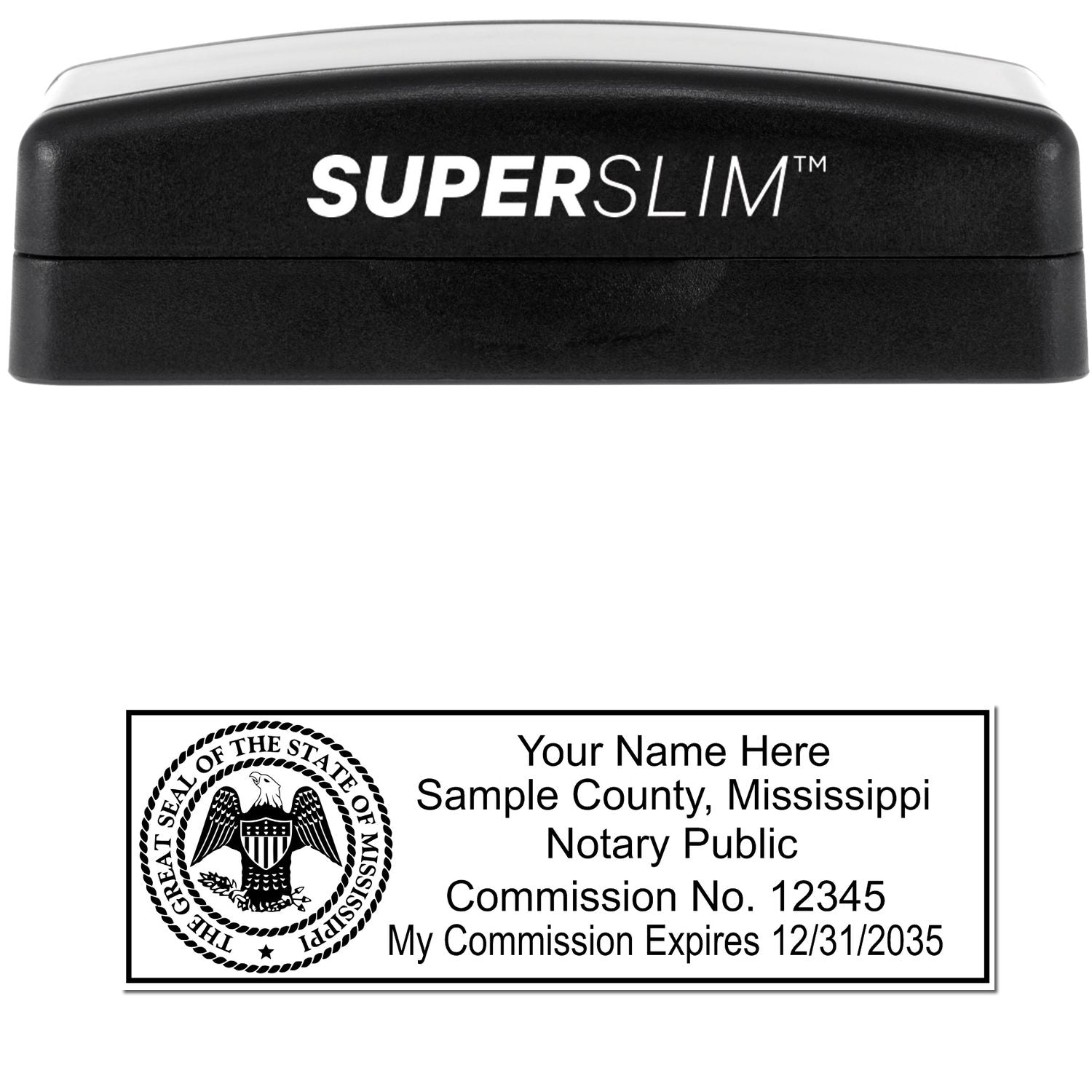 The main image for the Super Slim Mississippi Notary Public Stamp depicting a sample of the imprint and electronic files