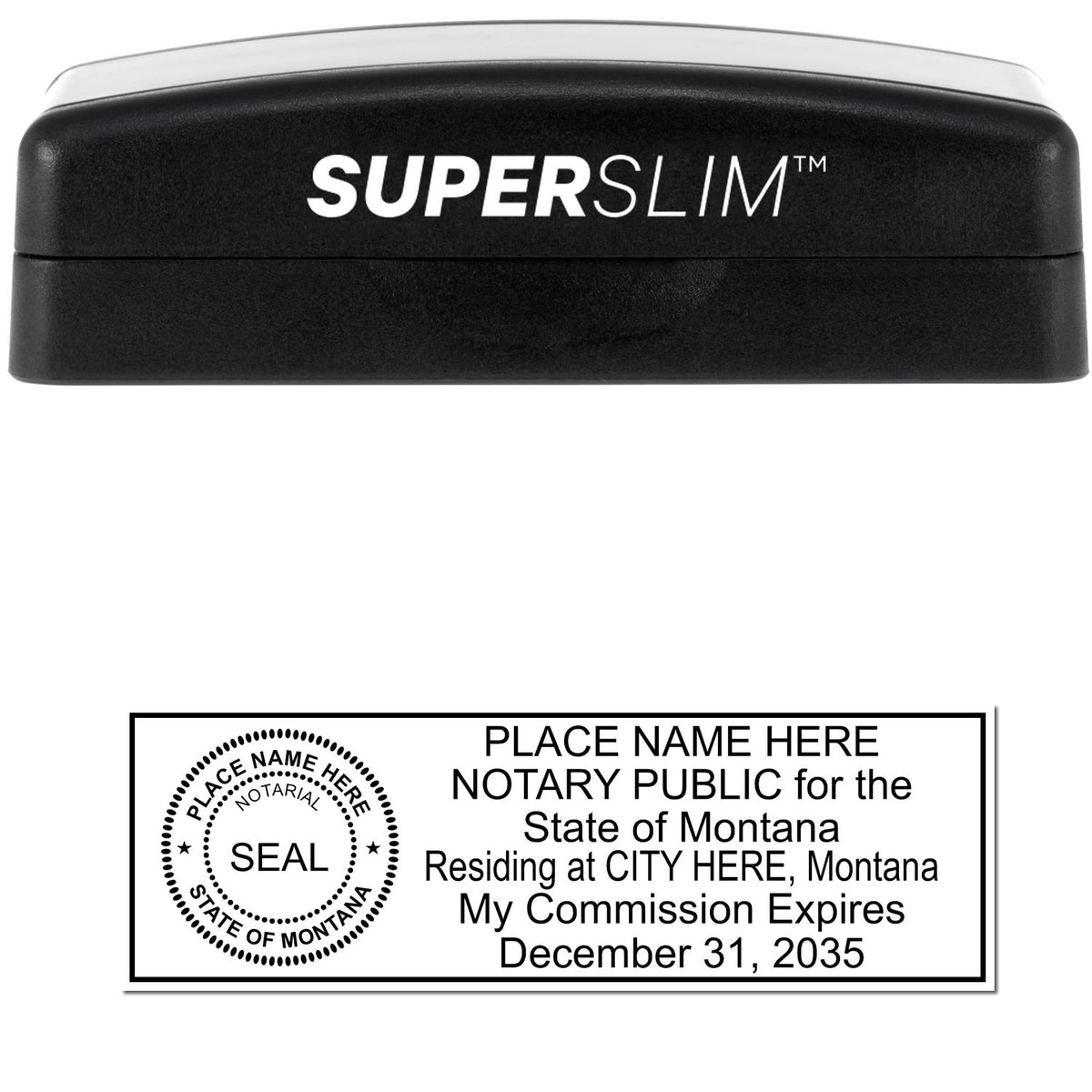 The main image for the Super Slim Montana Notary Public Stamp depicting a sample of the imprint and electronic files