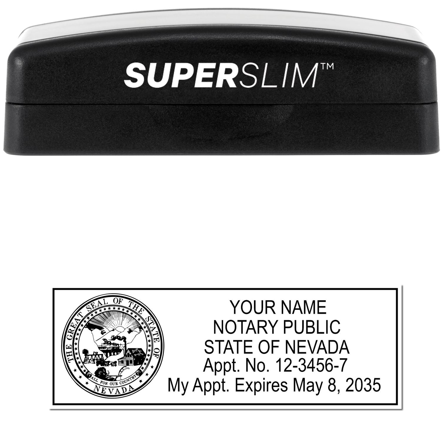 The main image for the Super Slim Nevada Notary Public Stamp depicting a sample of the imprint and electronic files