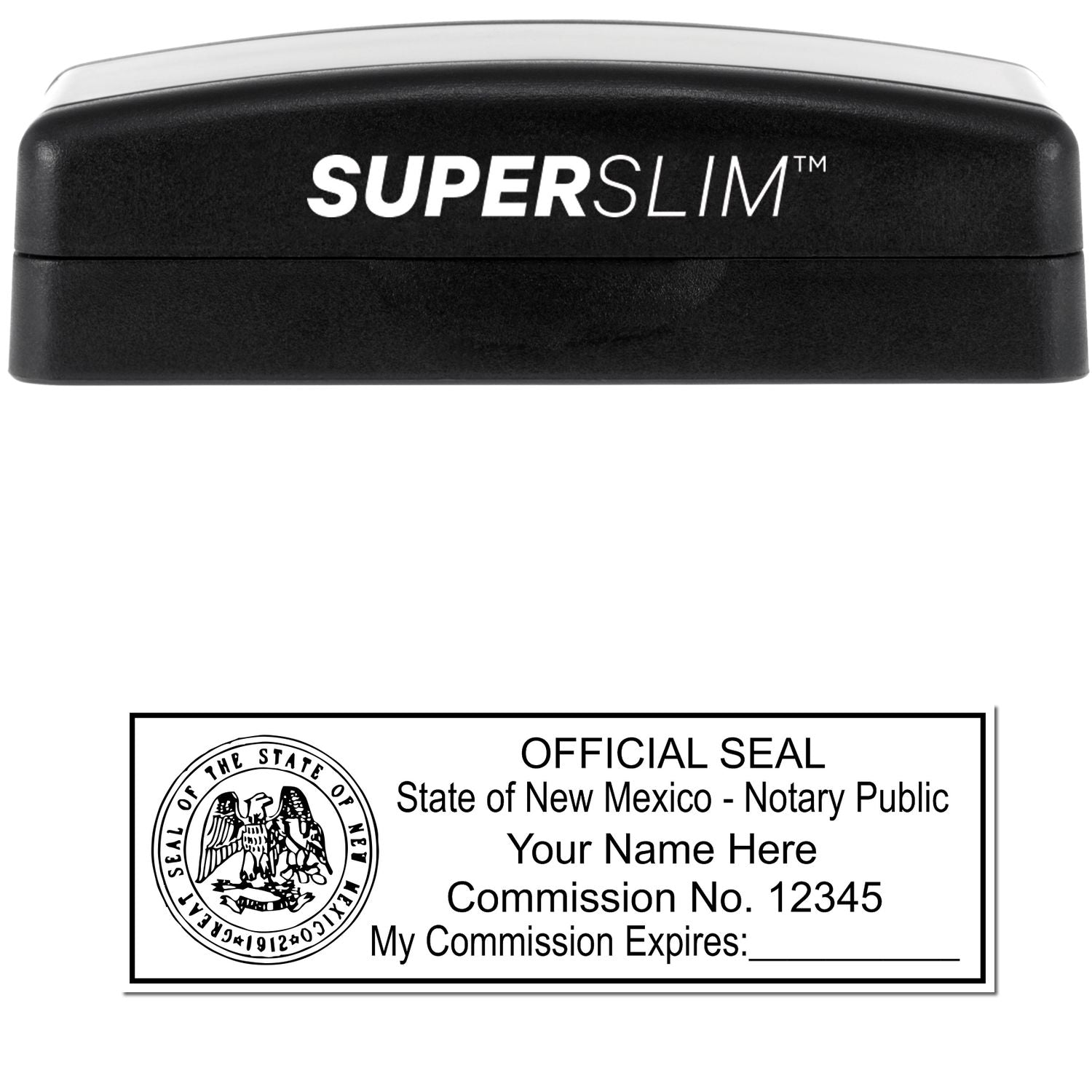 The main image for the Super Slim New Mexico Notary Public Stamp depicting a sample of the imprint and electronic files