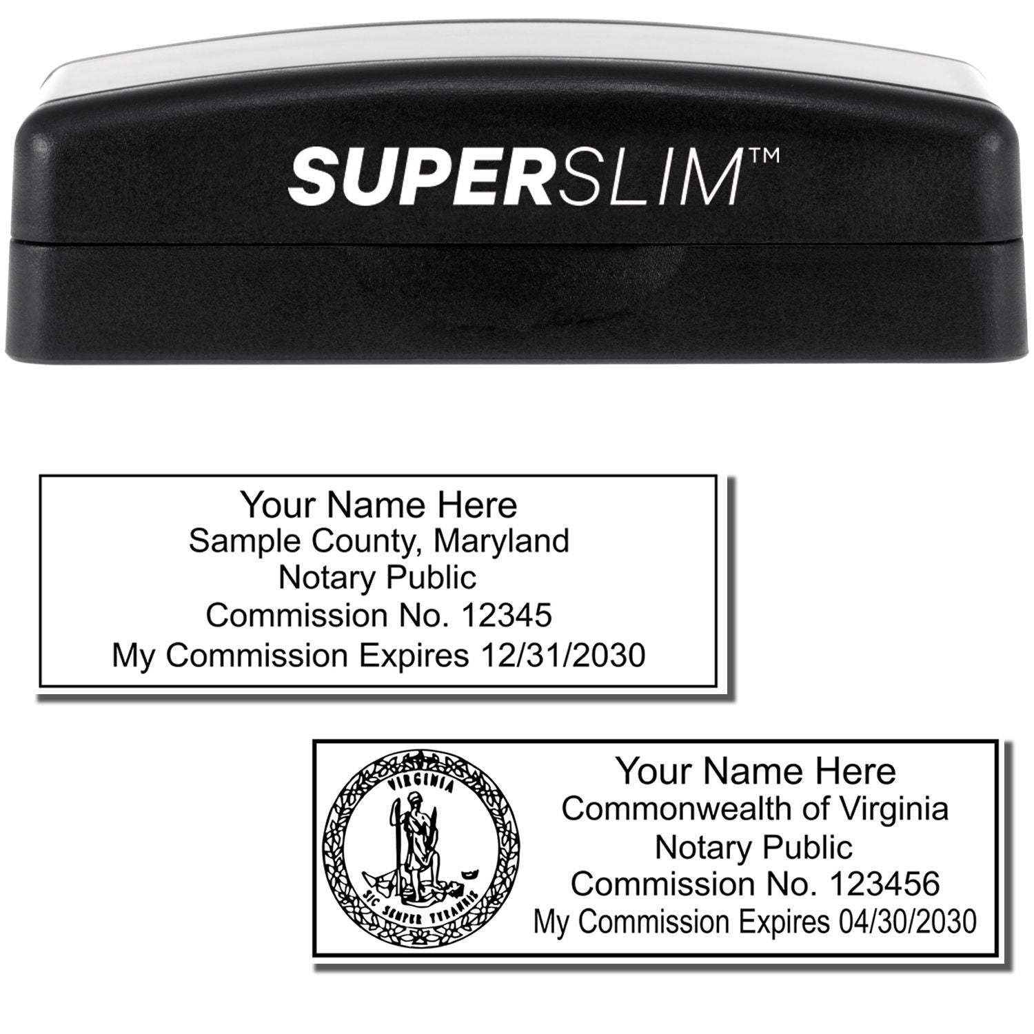 Super Slim Pre-Inked State Seal Notary Stamp with a black casing and customizable notary information for Maryland and Virginia.