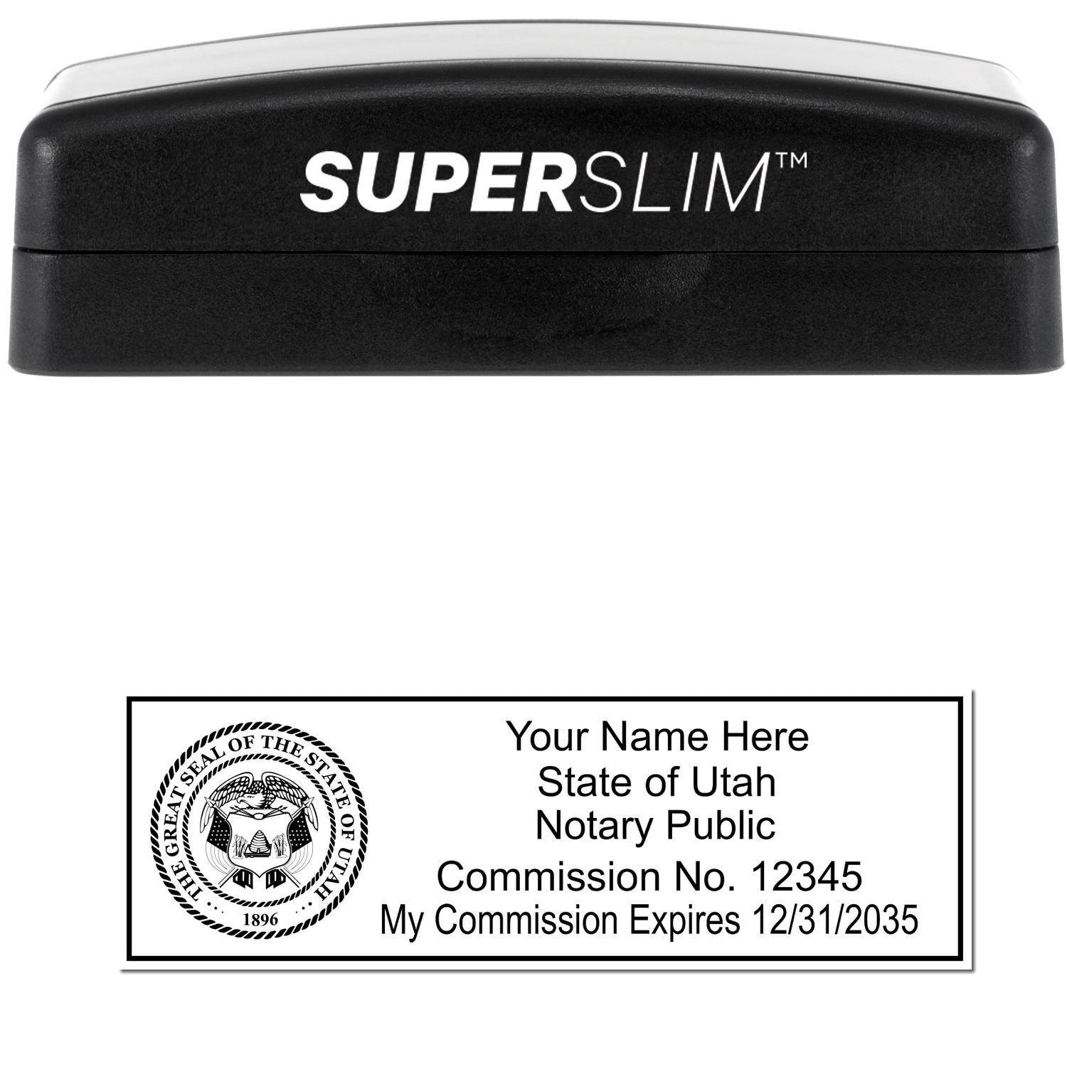The main image for the Super Slim Utah Notary Public Stamp depicting a sample of the imprint and electronic files
