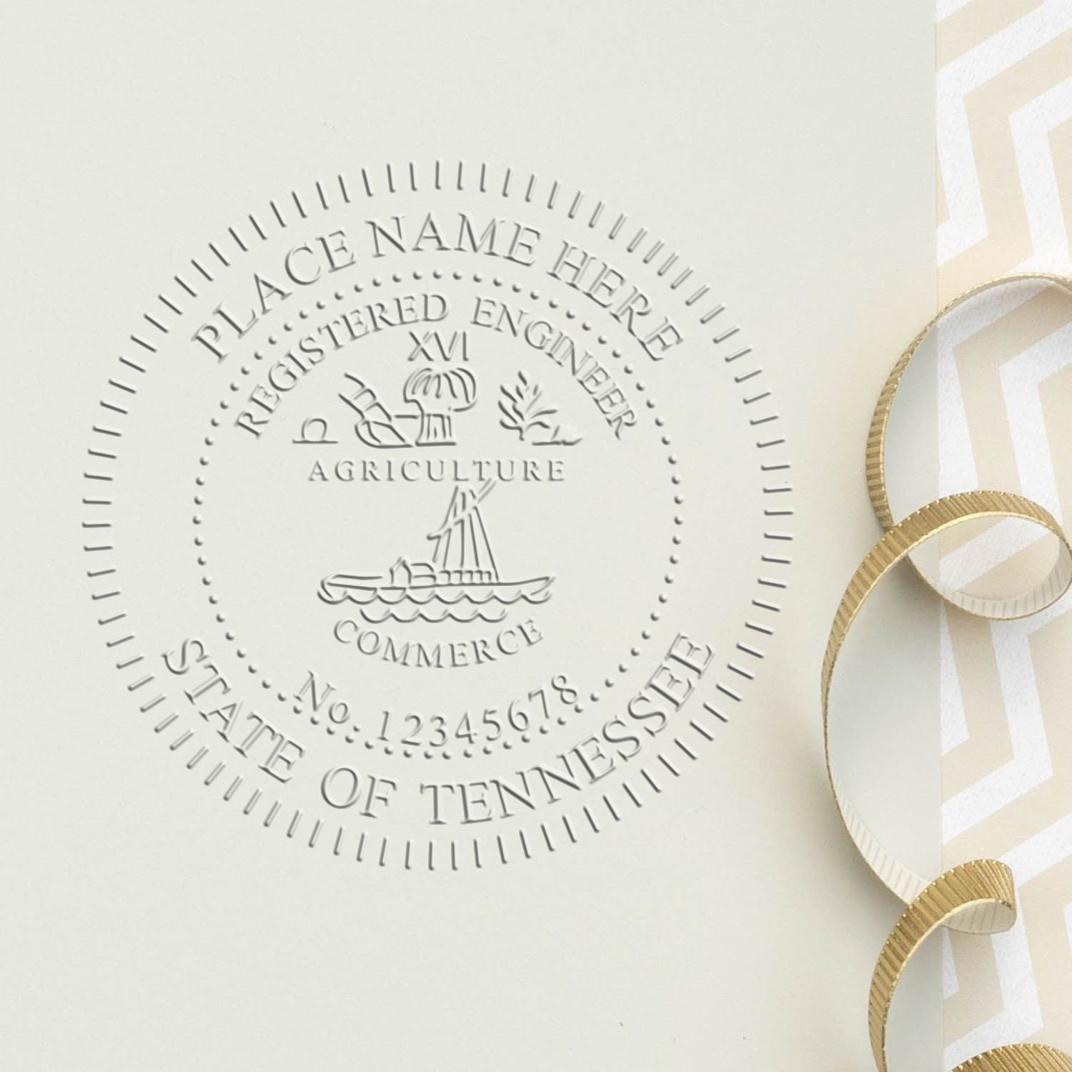 A stamped impression of the Tennessee Engineer Desk Seal in this stylish lifestyle photo, setting the tone for a unique and personalized product.