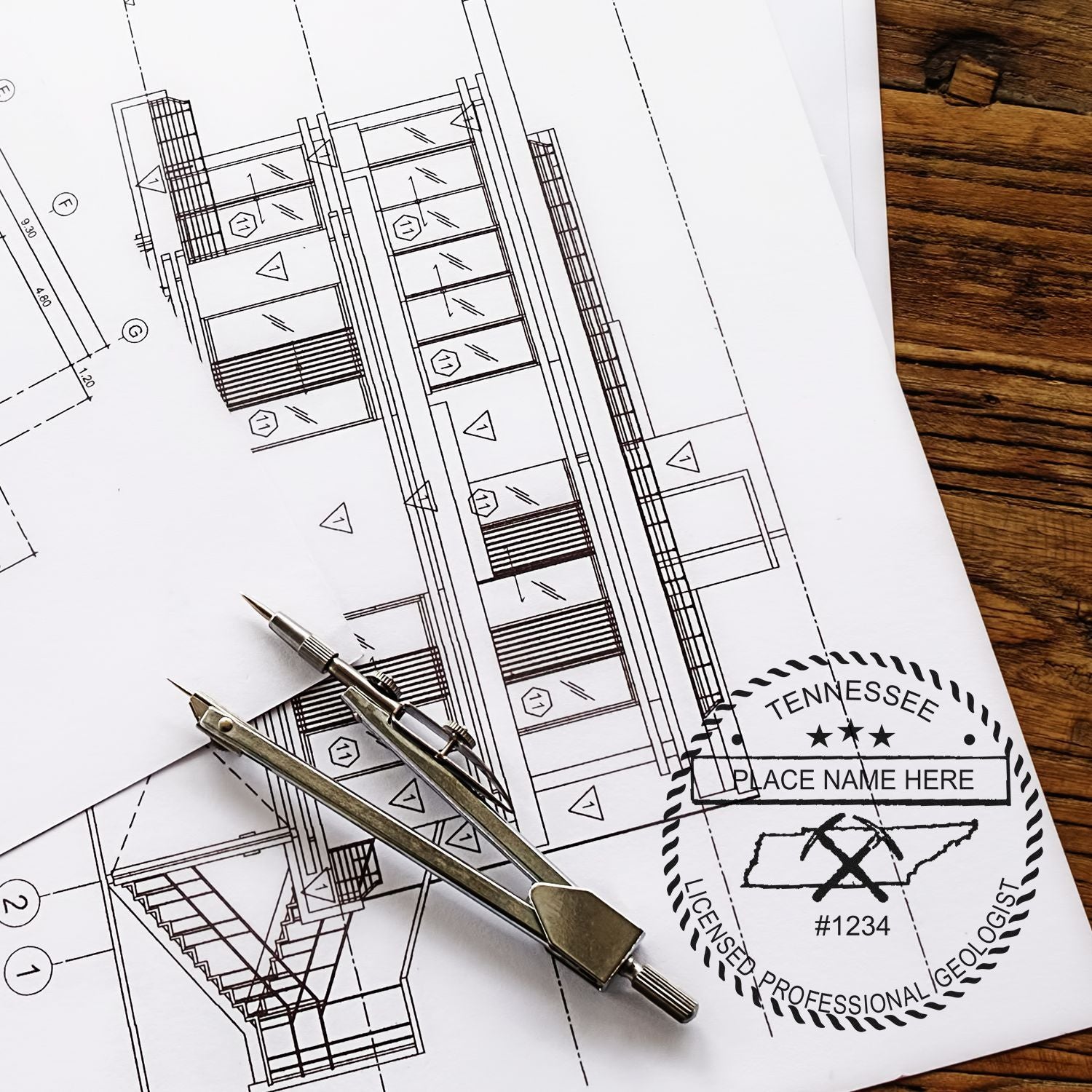 A photograph of the Slim Pre-Inked Tennessee Professional Geologist Seal Stamp stamp impression reveals a vivid, professional image of the on paper.