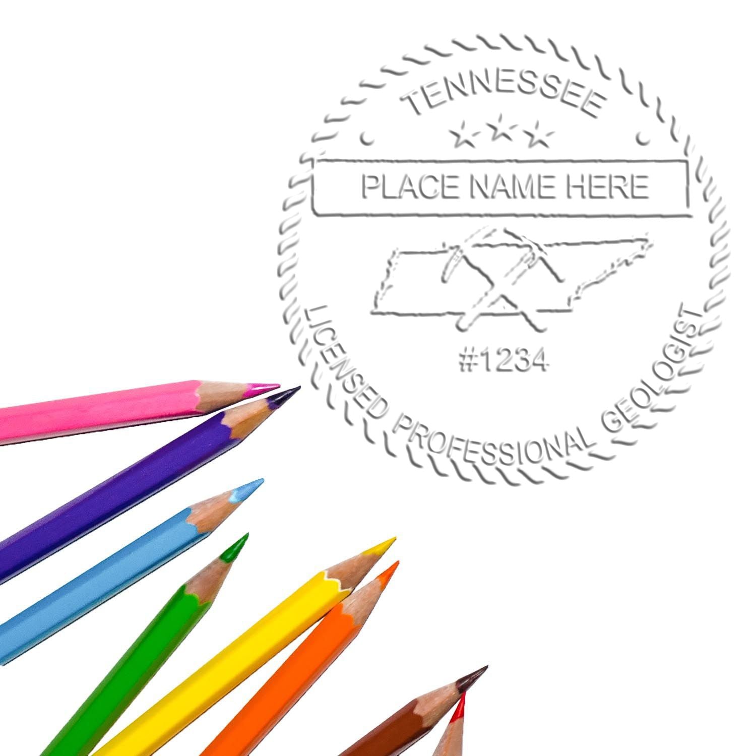 A lifestyle photo showing a stamped image of the Handheld Tennessee Professional Geologist Embosser on a piece of paper