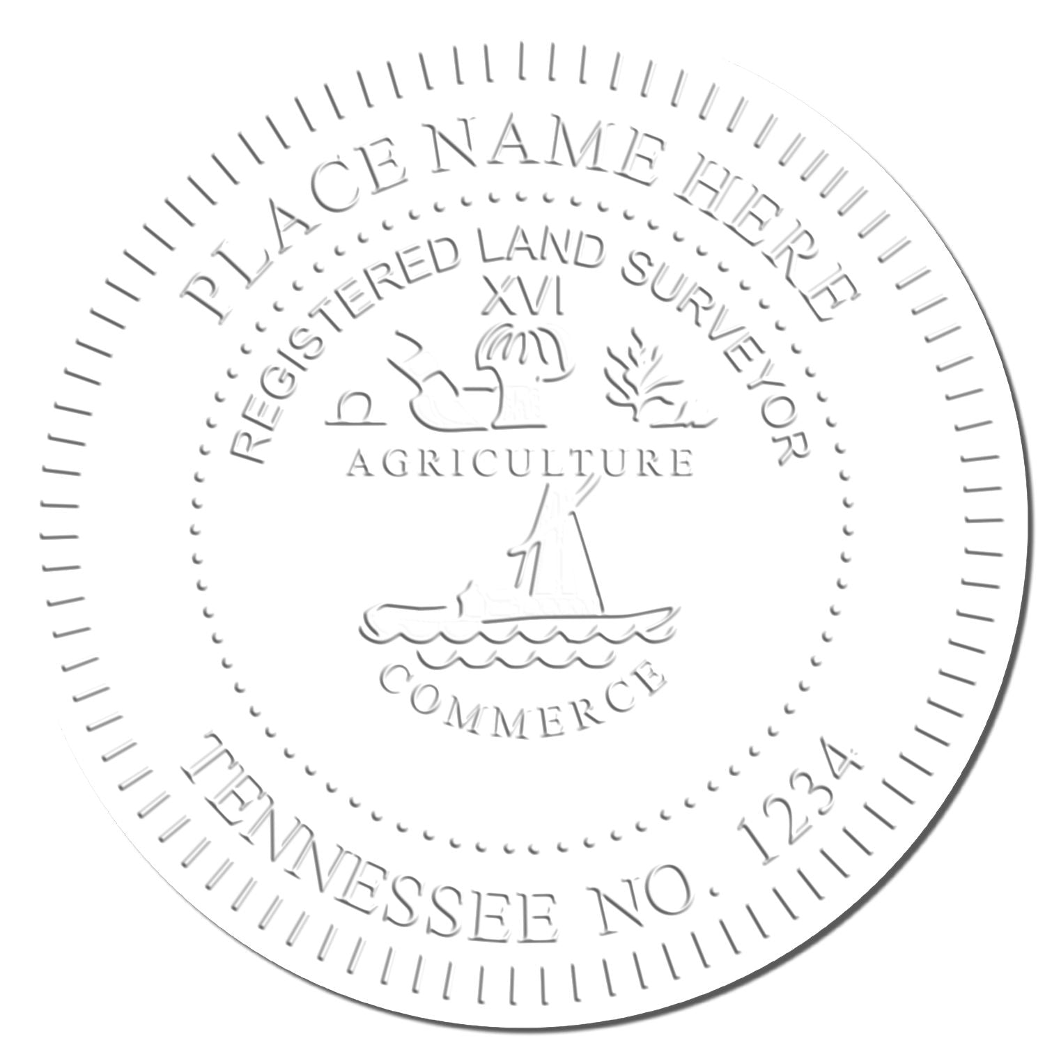 Tennessee Land Surveyor Seal Embossing Stamp by Trodat, showing an enlarged imprint of the state land surveyor embossing seal.