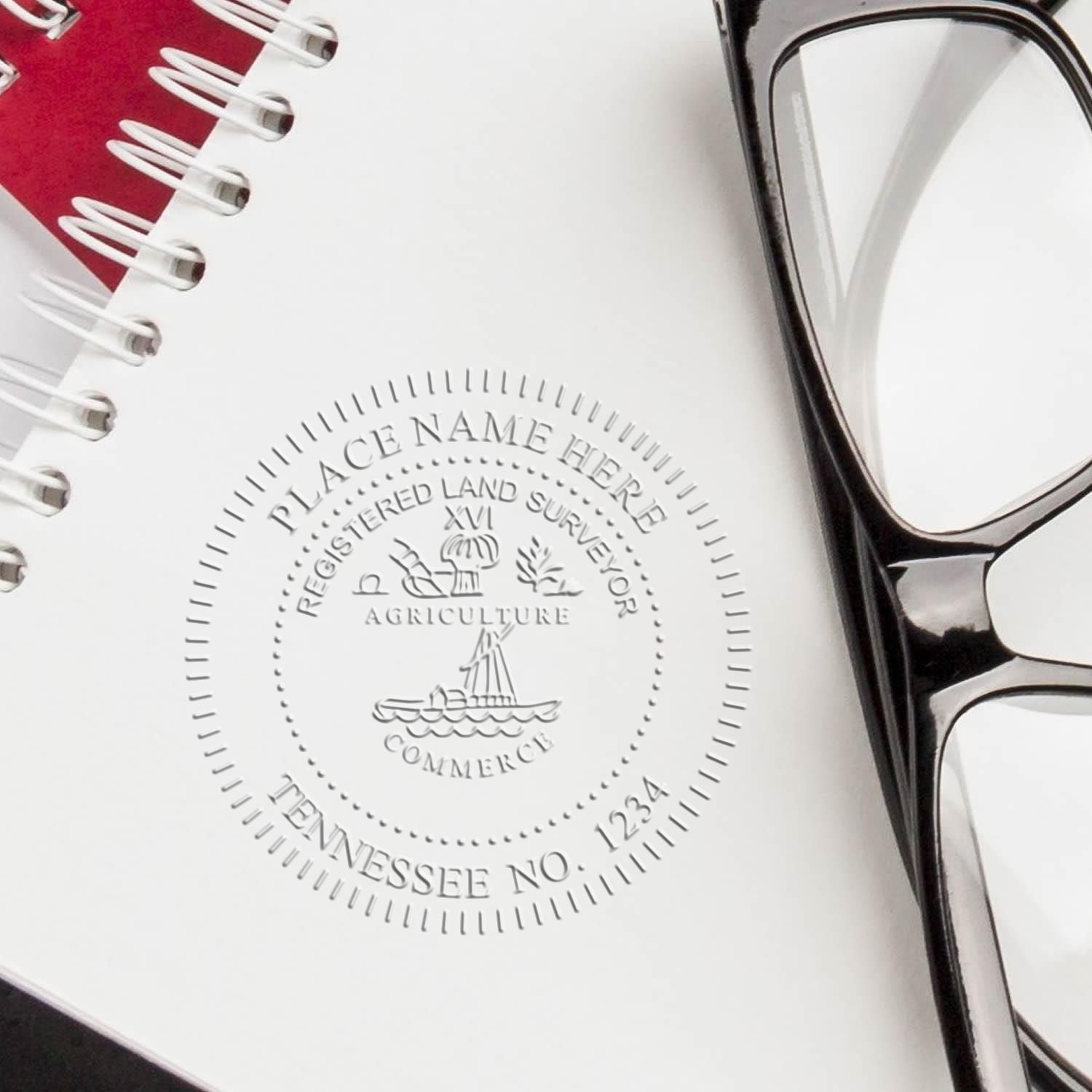 Tennessee Land Surveyor Seal Embossing Stamp by Trodat, featuring detailed state outline and land surveyor insignia on rubber stamp