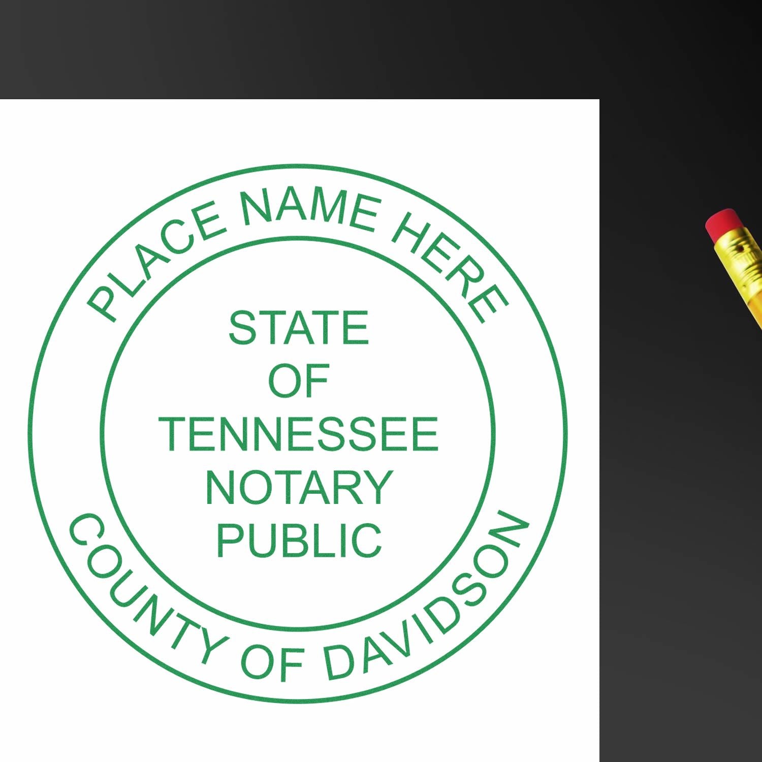 A photograph of the Round Tennessee Notary Public Seal Stamp stamp impression reveals a vivid, professional image of the on paper.