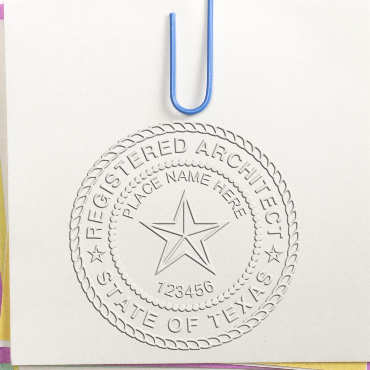 A photograph of the Hybrid Texas Architect Seal stamp impression reveals a vivid, professional image of the on paper.