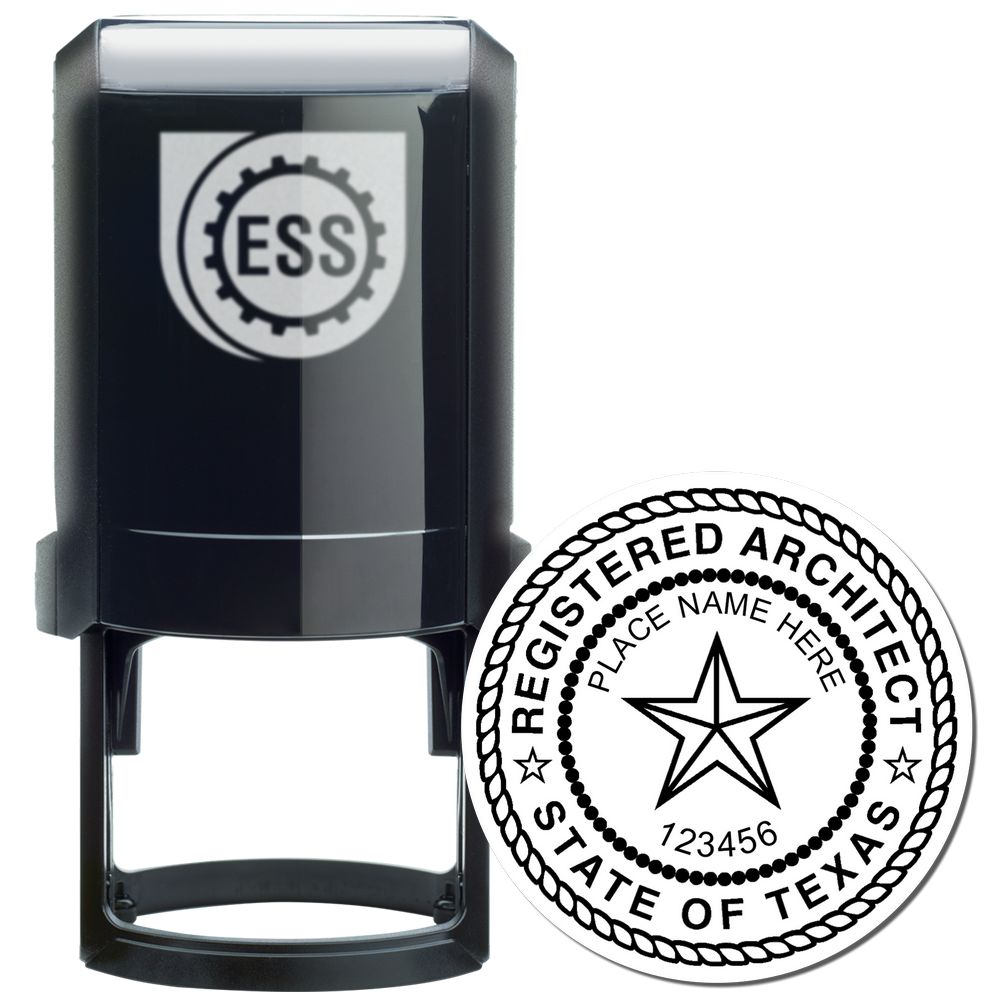 Self Inking Texas Architect Stamp with a black casing and a circular imprint design featuring a star and text for registered architects in Texas.