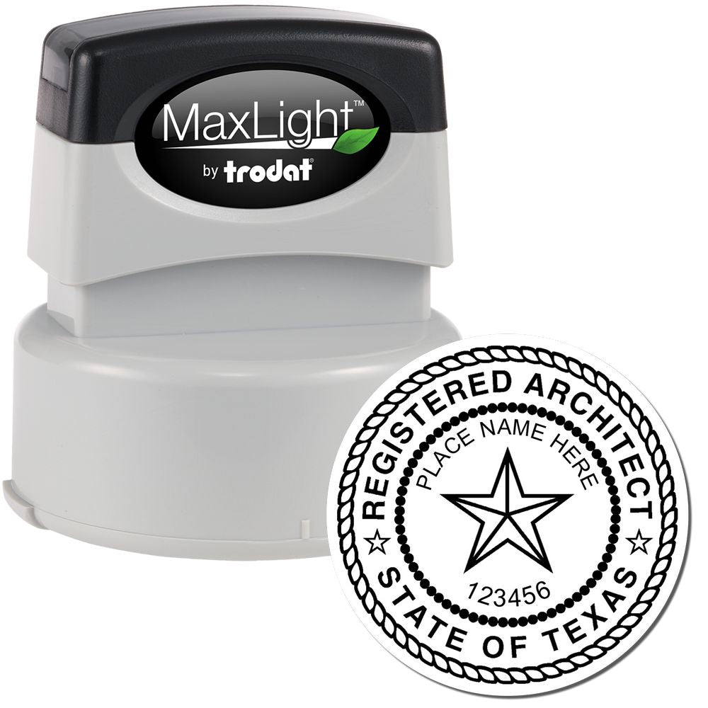 Image of Premium MaxLight Pre-Inked Texas Architectural Stamp with a round imprint design for registered architects in the State of Texas.