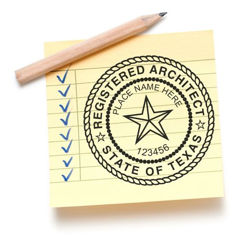 Premium MaxLight Pre-Inked Texas Architectural Stamp on a yellow notepad with a pencil and blue checkmarks.