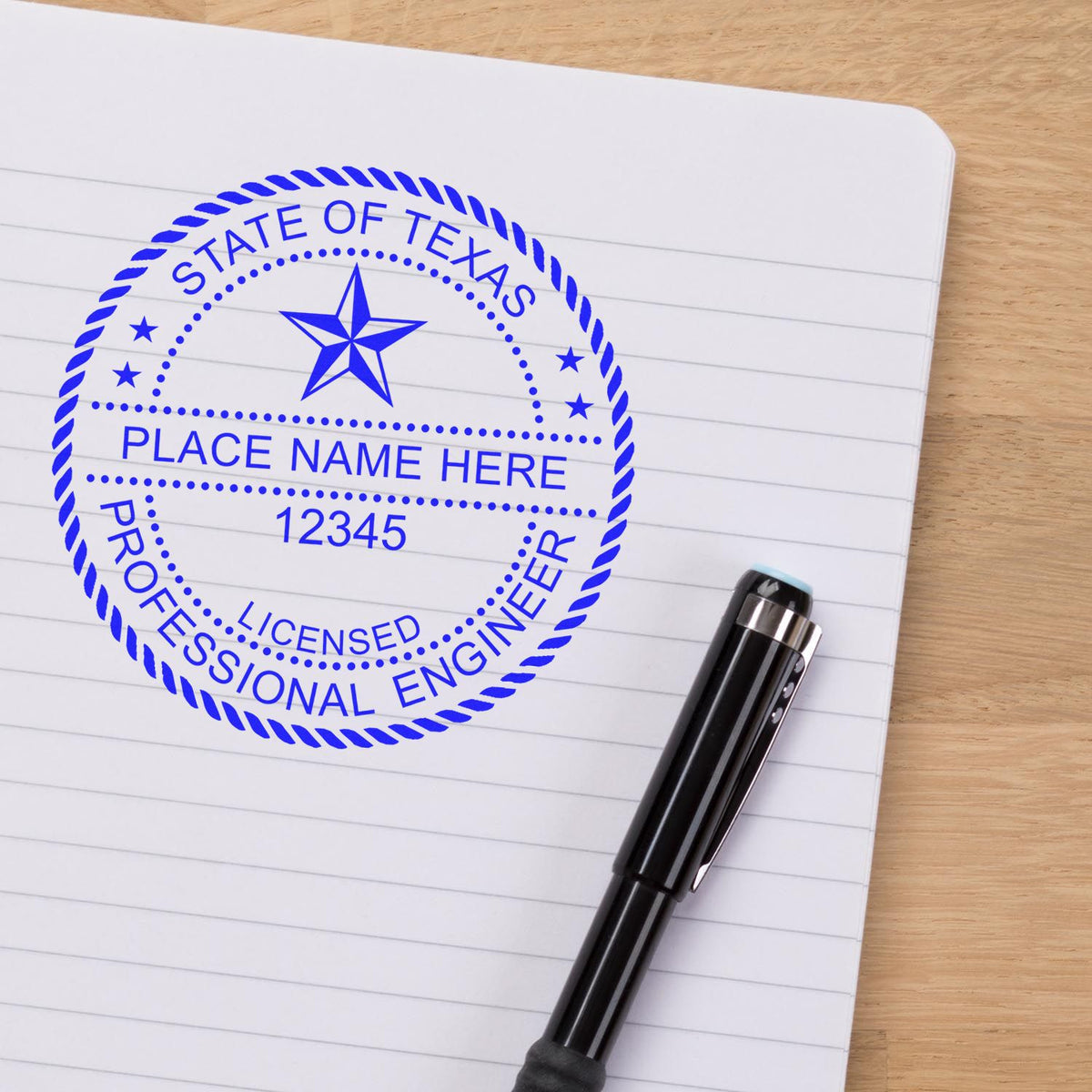 The Slim Pre-Inked Texas Professional Engineer Seal Stamp stamp impression comes to life with a crisp, detailed photo on paper - showcasing true professional quality.