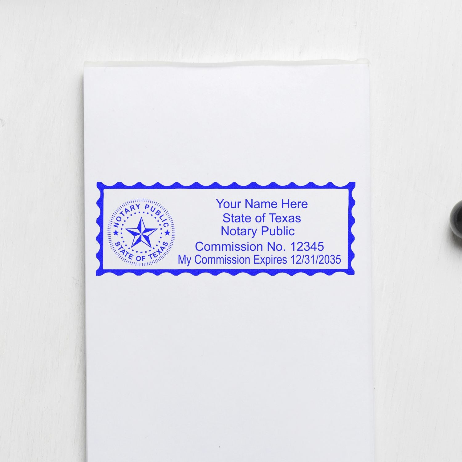 The main image for the Slim Pre-Inked State Seal Notary Stamp for Texas depicting a sample of the imprint and electronic files
