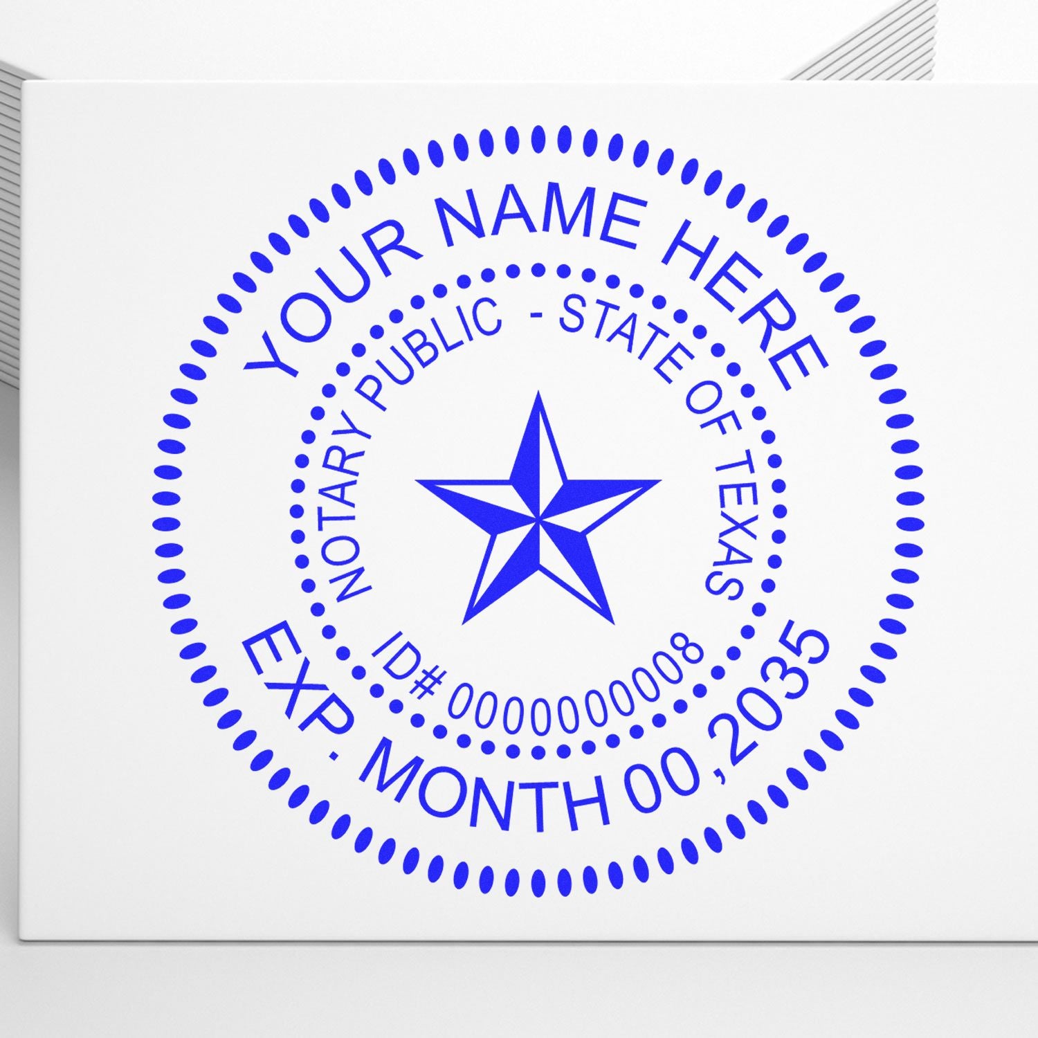 The Premium Pre-Inked Texas MaxLight Notary Public Stamp stamp impression comes to life with a crisp, detailed photo on paper - showcasing true professional quality.