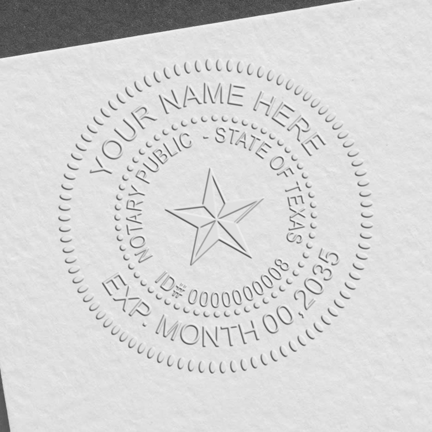The Texas Handheld Notary Seal Embosser stamp impression comes to life with a crisp, detailed photo on paper - showcasing true professional quality.