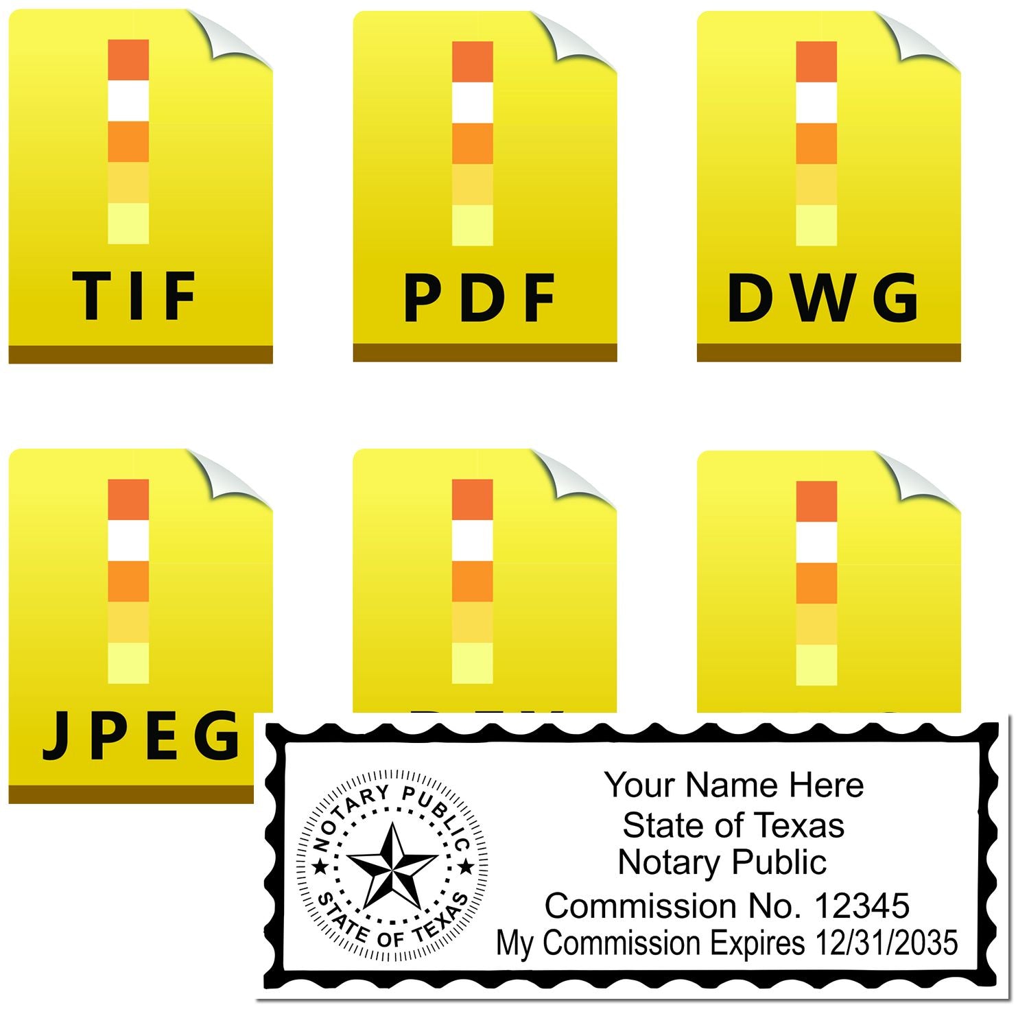 The main image for the Texas Rectangular Digital Notary Seal depicting a sample of the imprint and electronic files