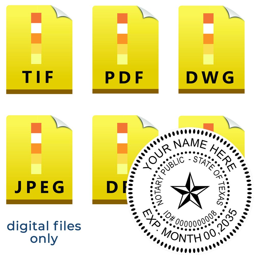 The main image for the Texas Round Electronic Notary Stamp depicting a sample of the imprint and electronic files
