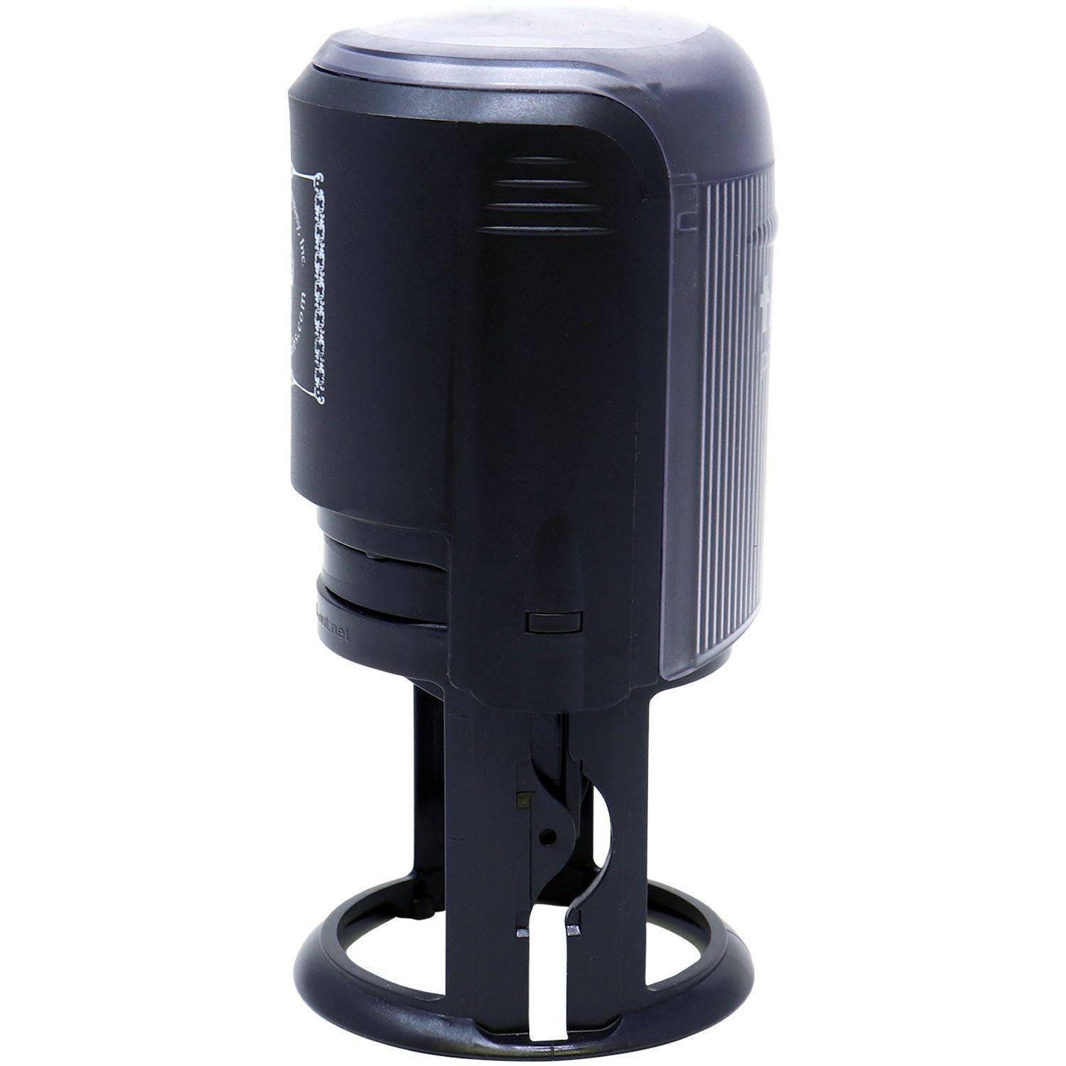 Side view of the Self-Inking Architect Stamp of Seal, featuring a black cylindrical design with a sturdy base and a transparent cover.
