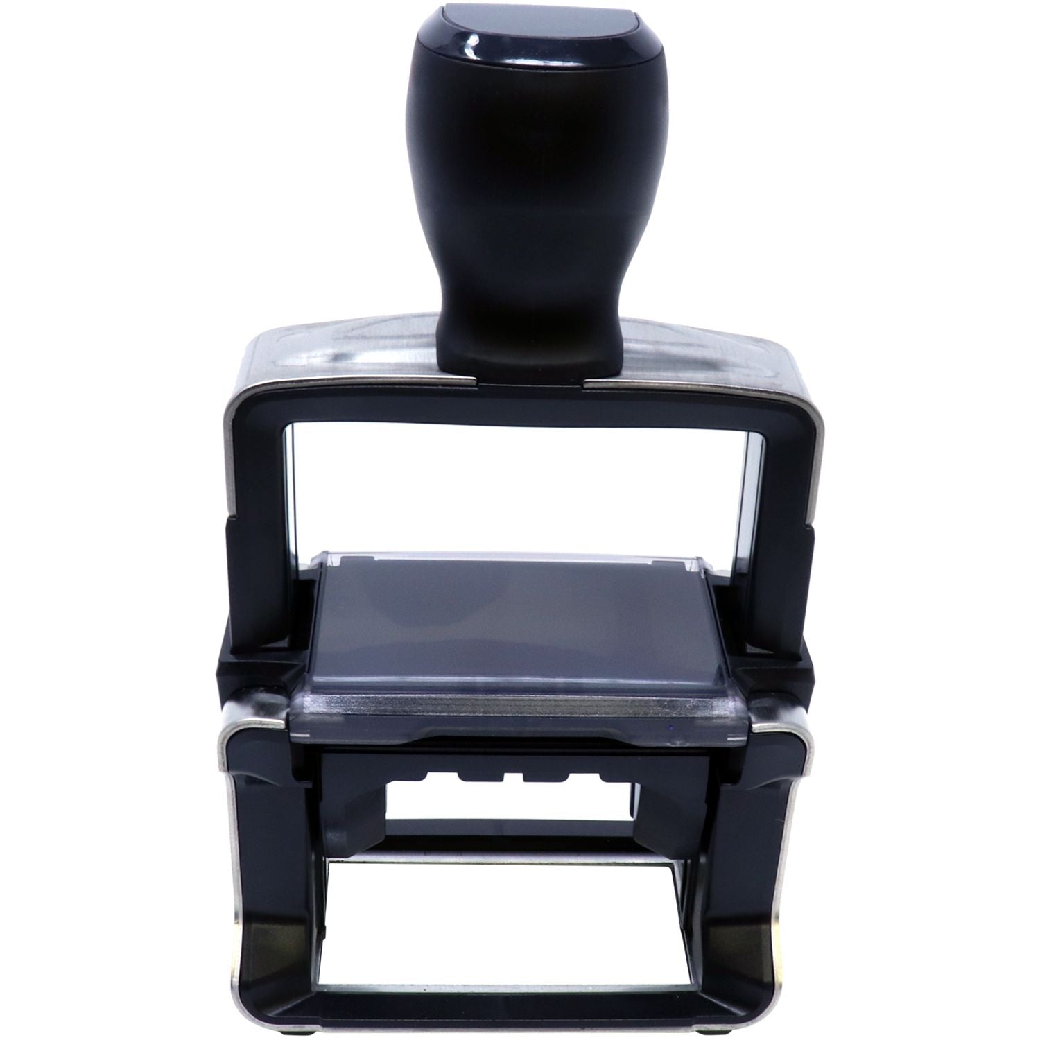 Custom Self Inking Stamp Trodat 5212 Size 2-3/4 x 4-1/2, black handle, metal frame, back view at an angle, plain plate visible.