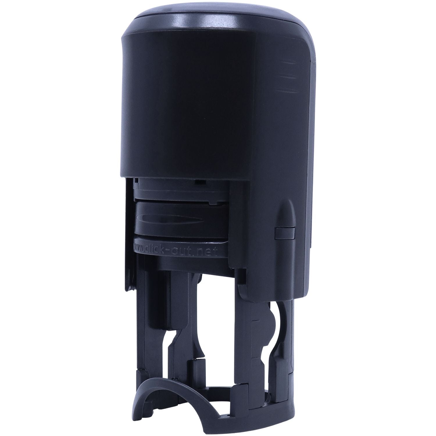 Black Self Inking Round OK Stamp with a compact design, shown from a back angle, highlighting its sturdy build and re-inking mechanism.