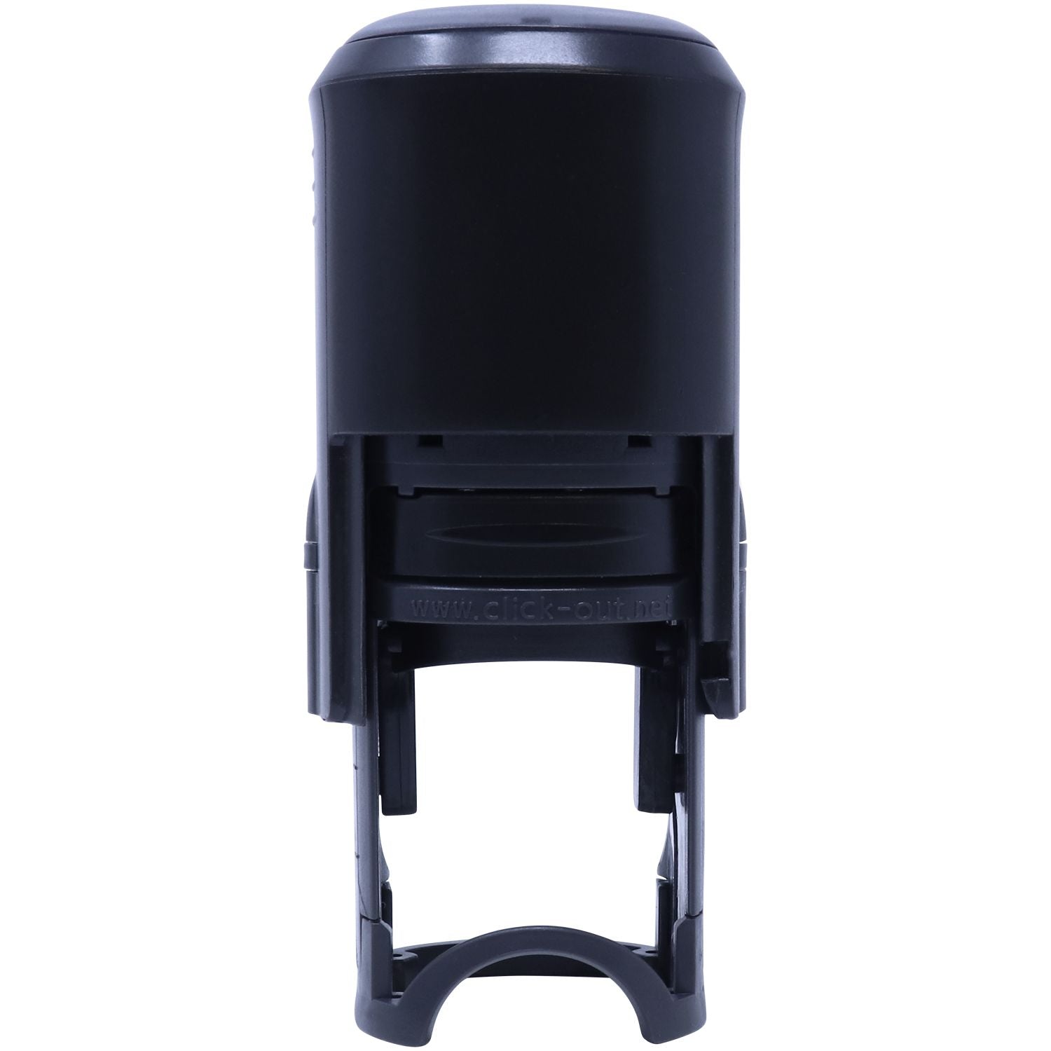 Black Self Inking Round OK Stamp with a compact design, shown from the back view, highlighting its sturdy build and ergonomic grip.