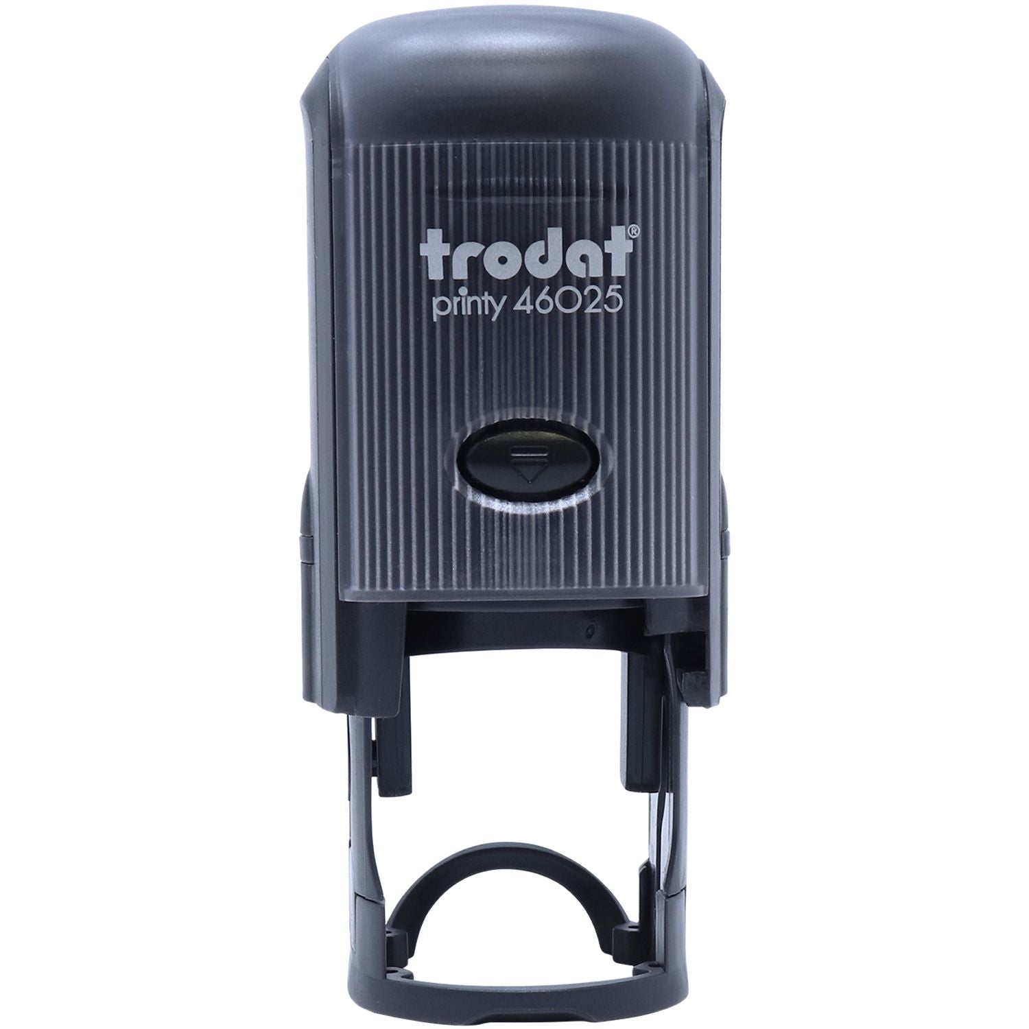 Self Inking Round OK Stamp, Trodat Printy 46025, black casing, front view with retracted stamp mechanism, ready for use.