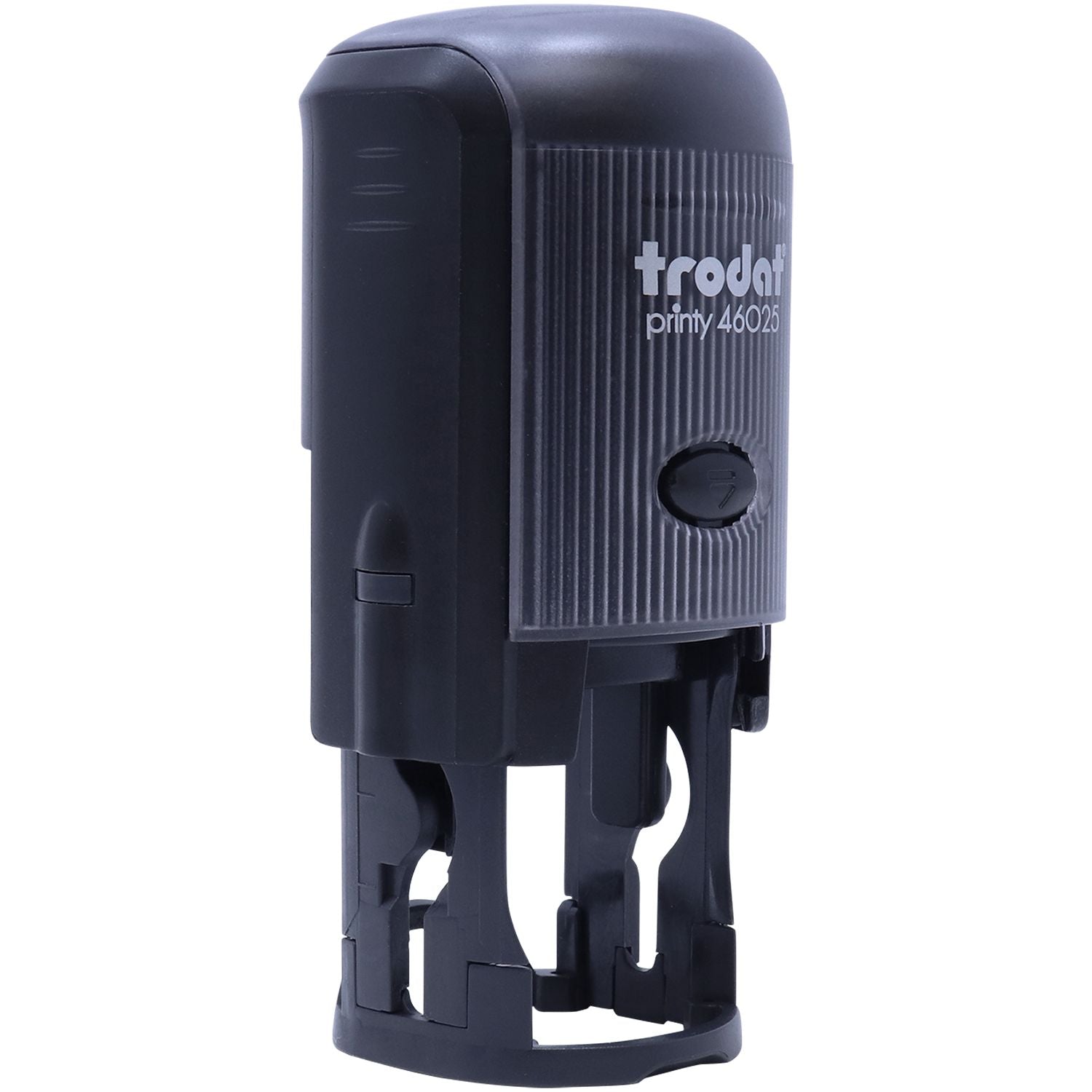 Self Inking Round OK Stamp, Trodat Printy 46025, black casing, front angle view, compact design, ideal for office use.