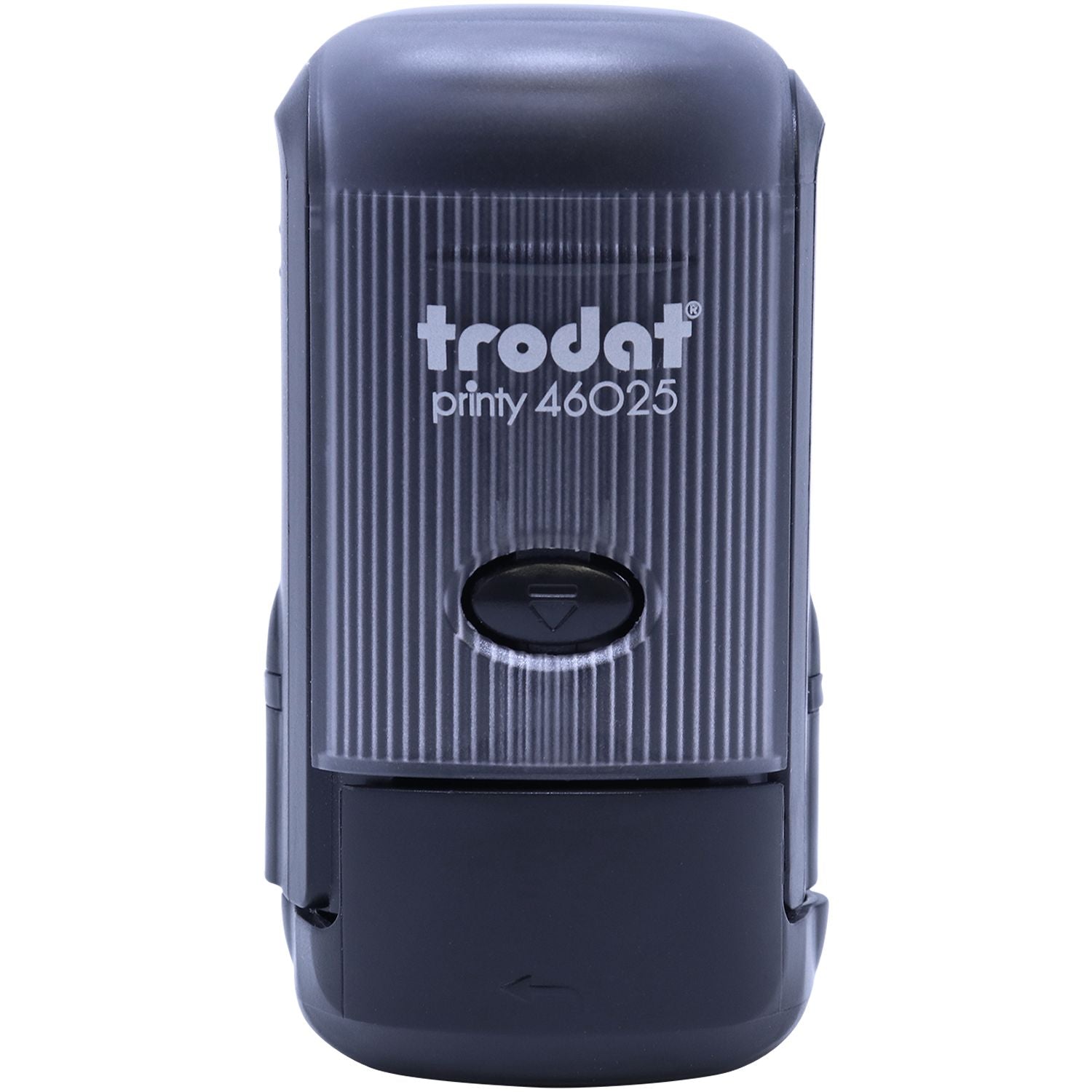 Self Inking Round OK Stamp, Trodat Printy 46025, in a closed position with a black and gray design, ready for use.
