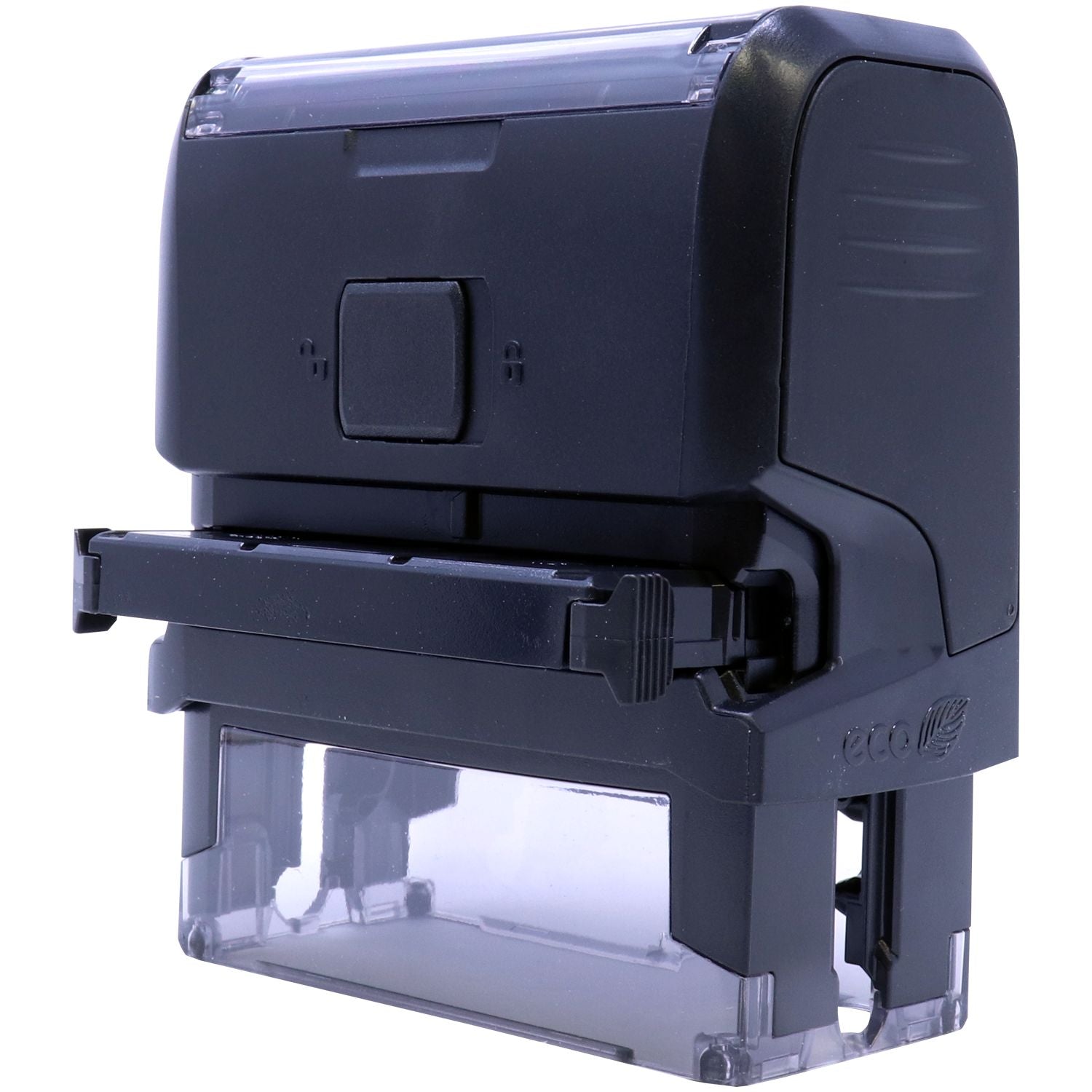 Self Inking State Seal Notary Stamp in black, shown from the back with the ink pad partially removed.