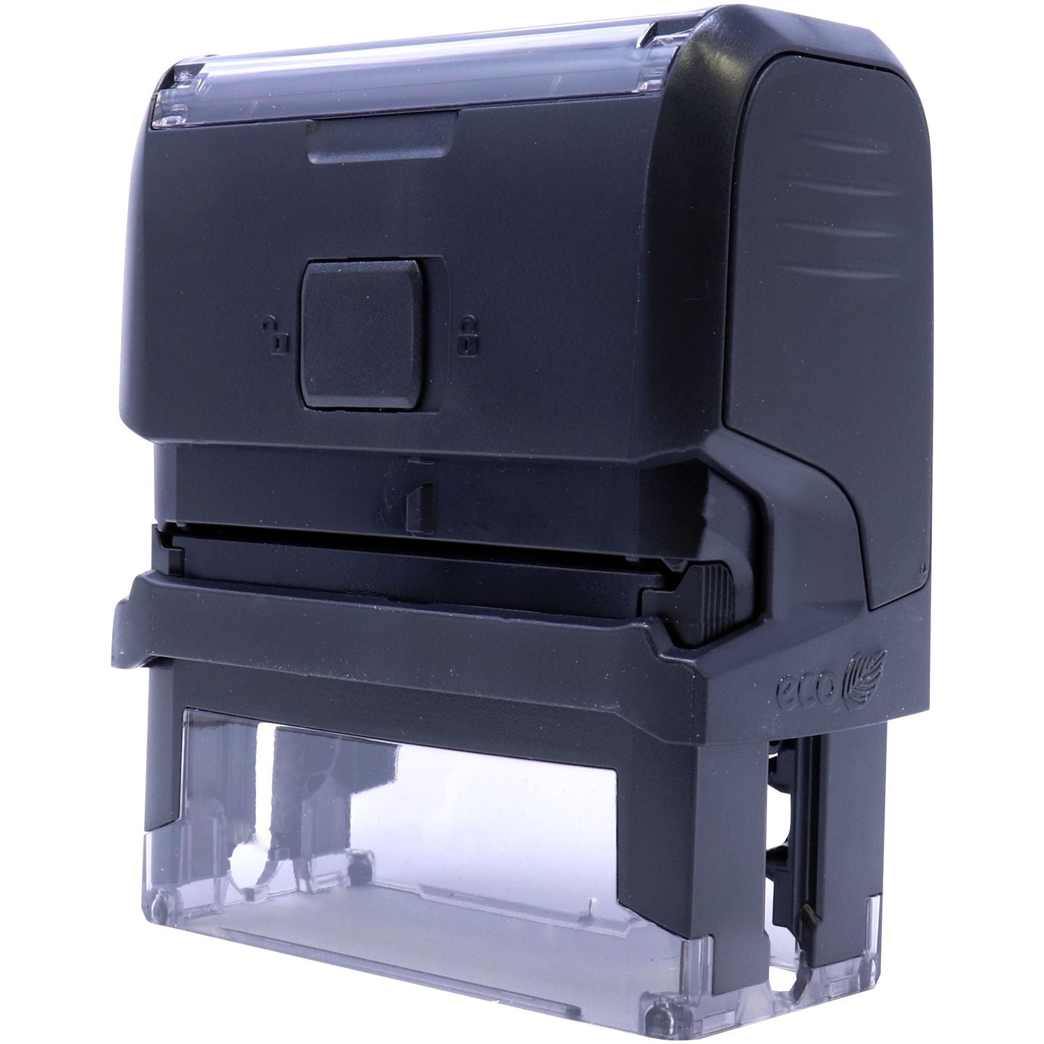 Custom Self Inking Stamp Trodat 4913 Size 7/8 x 2-3/8, black, back view showing the ink pad and eco-friendly logo.