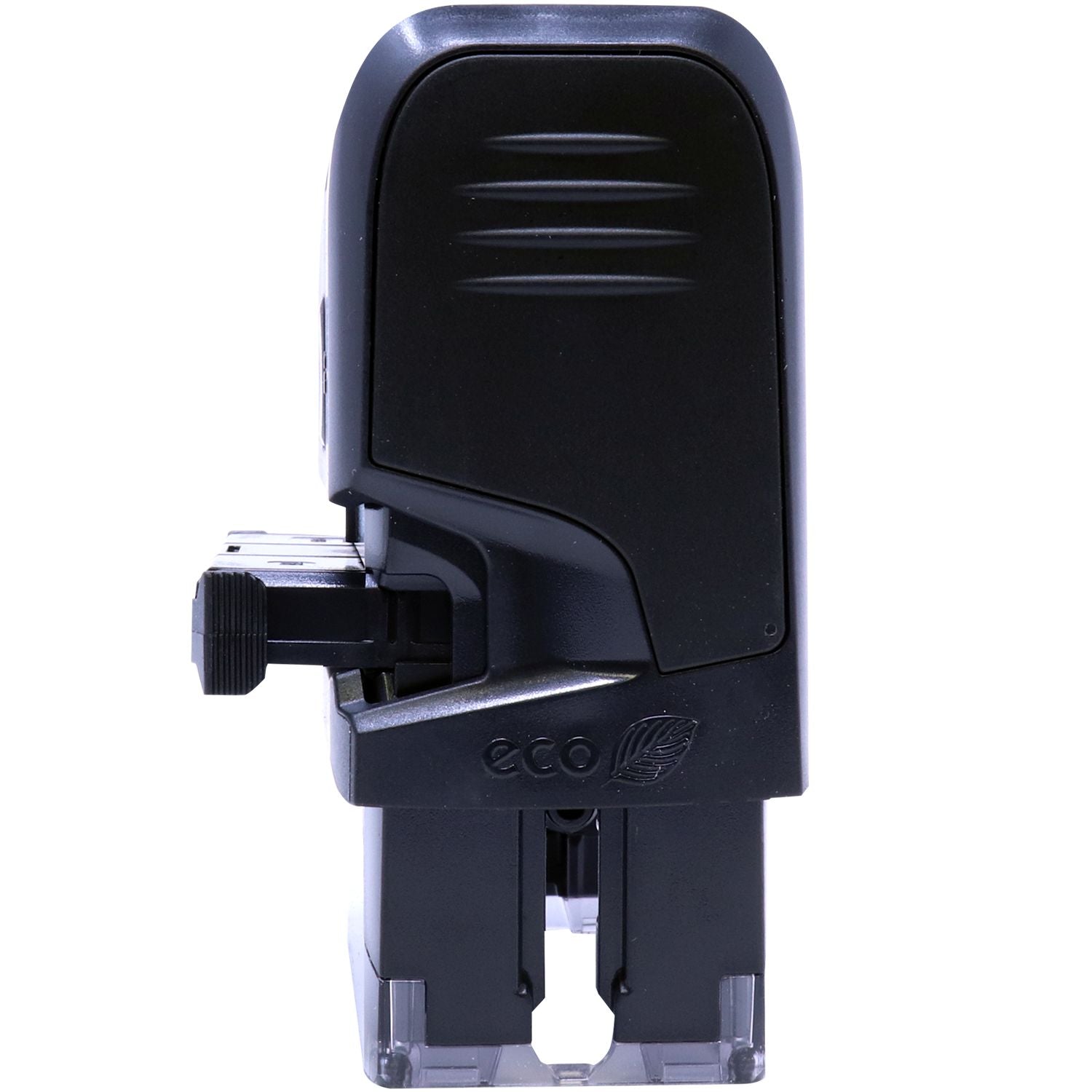 Self Inking State Seal Notary Stamp in black, side view with pad extended, eco-friendly design.