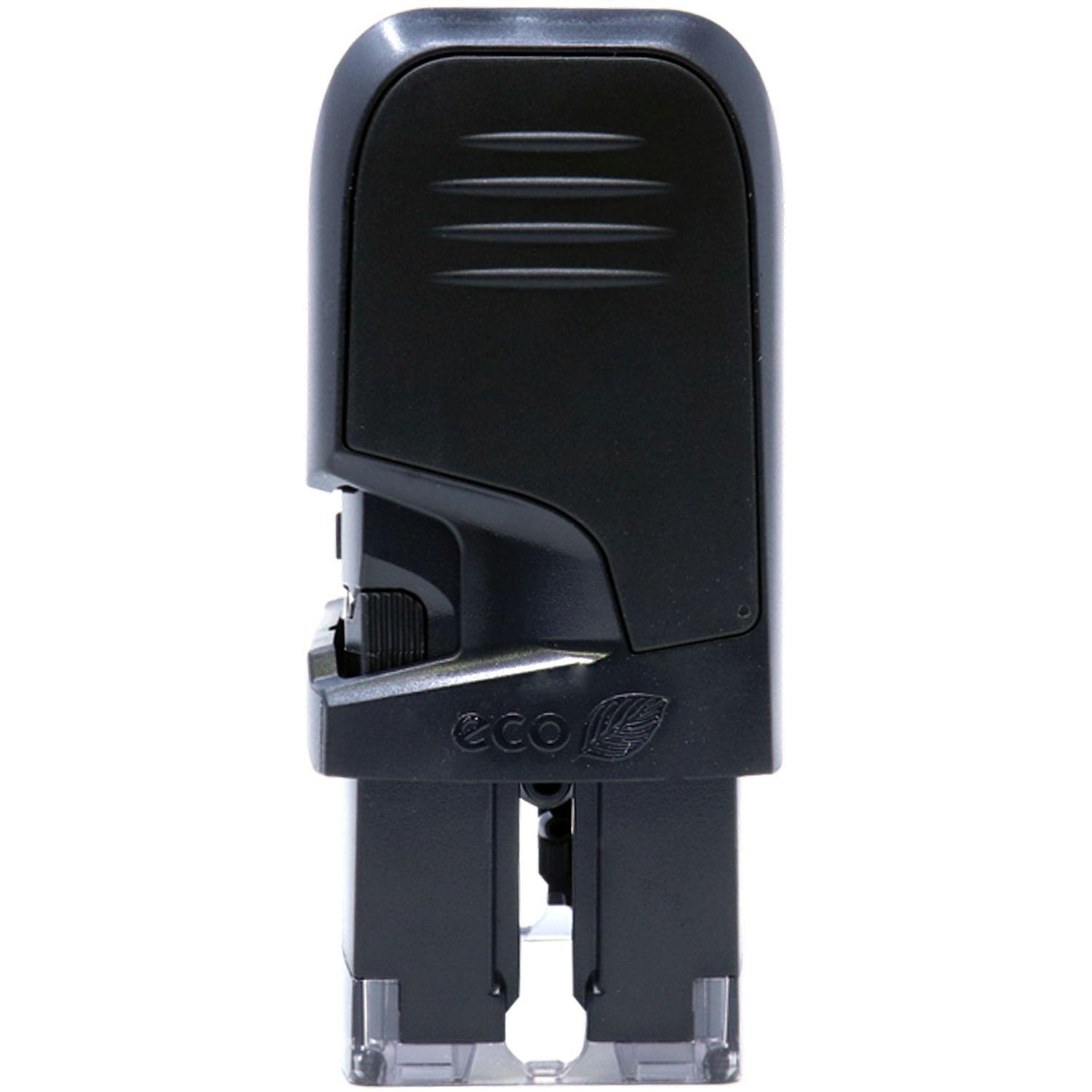 Black Self Inking Issued for Construction Stamp with eco-friendly design, side view showing the compact and ergonomic build.
