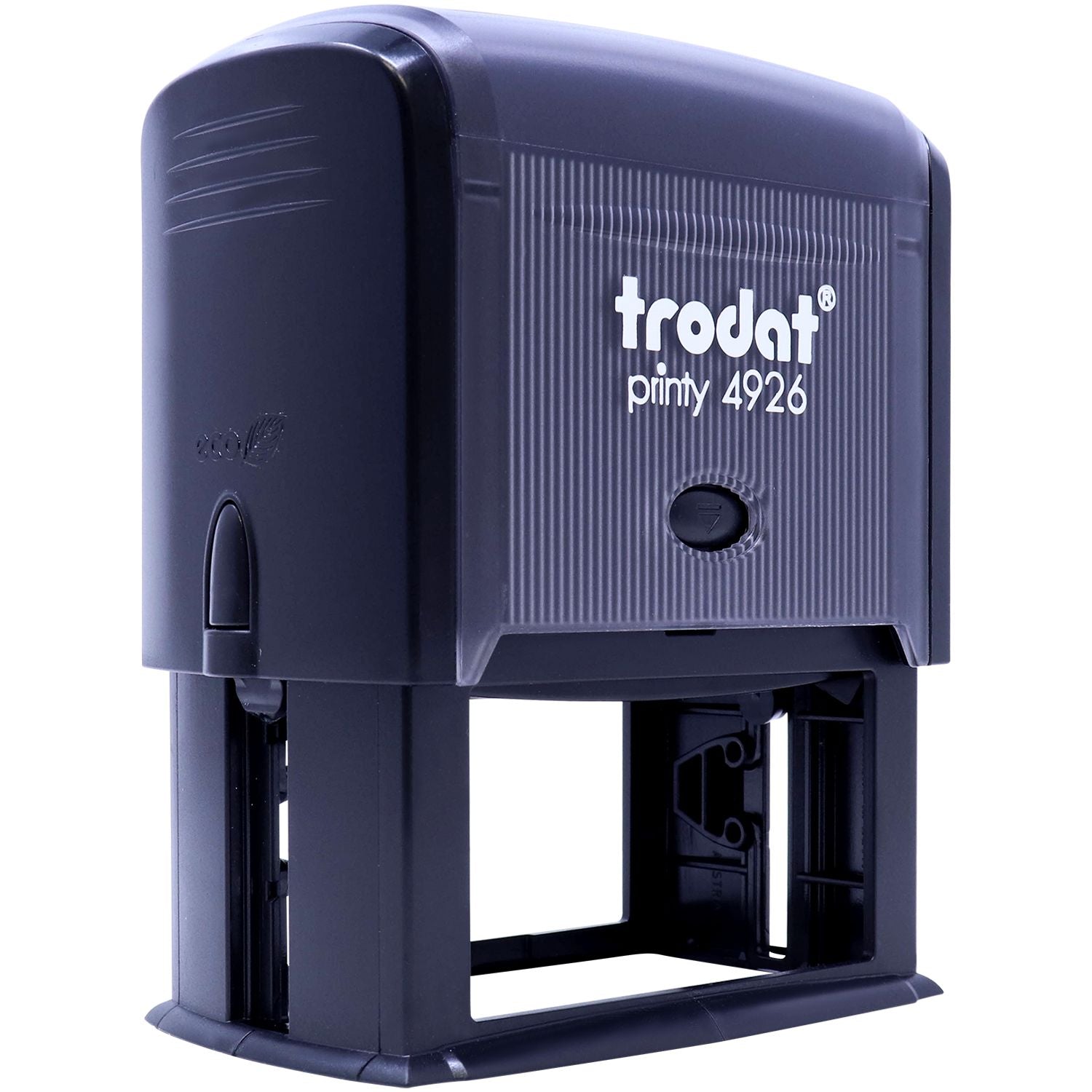 Self Inking Notary Jurat Stamp, Trodat Printy 4926, black casing, front view, angled, with visible branding and compact design.