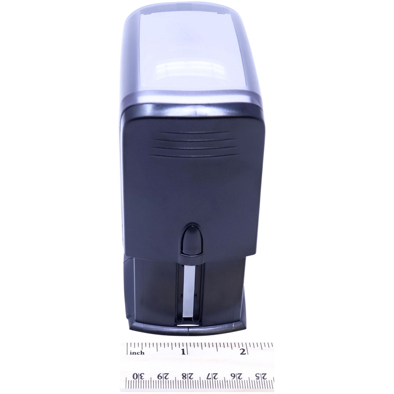 Self Inking Notary Jurat Stamp in black, shown next to a ruler for size reference, measuring approximately 3 inches in height.